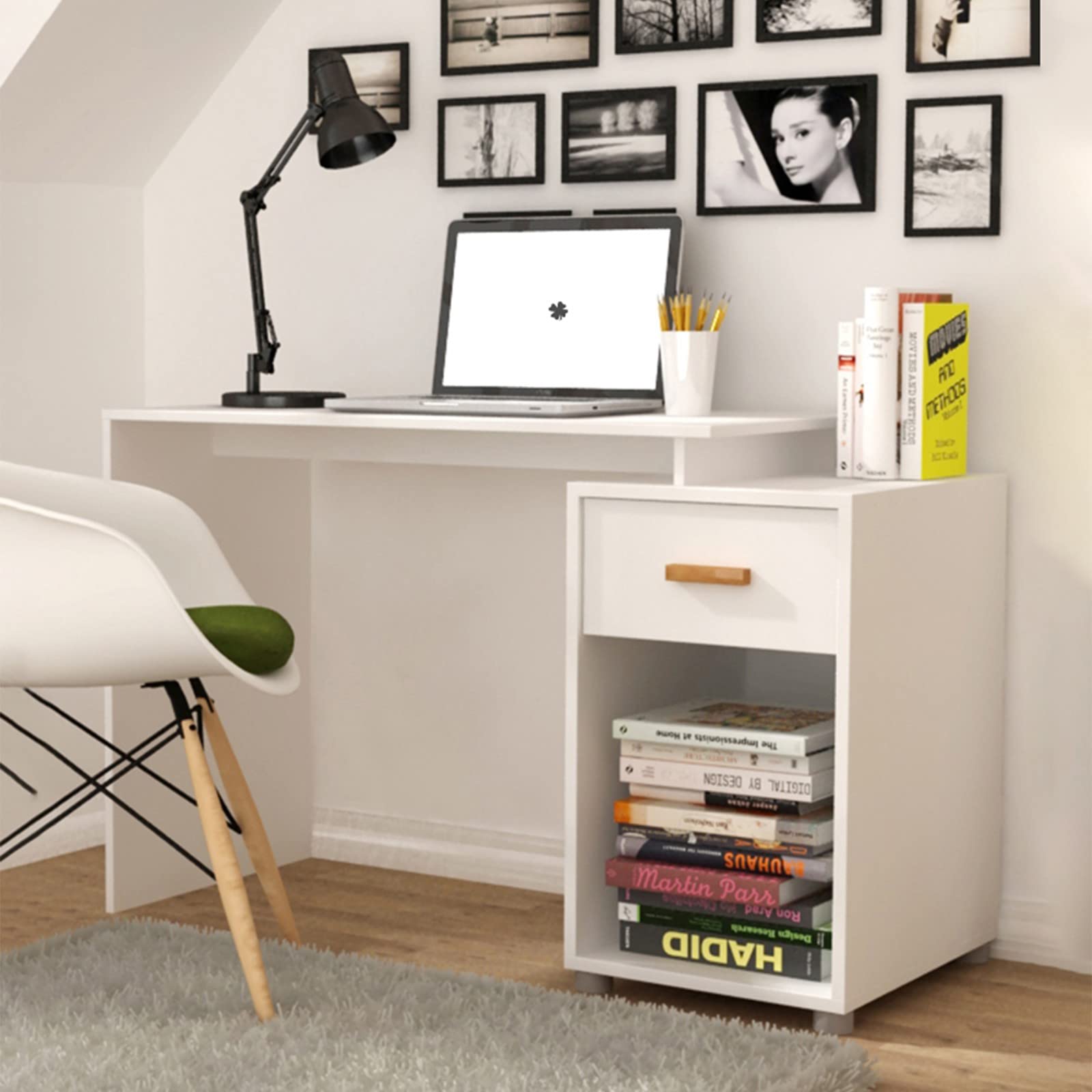 46 Inch Modern White Computer Desk with Drawers - Home Office Study Writing Table for Bedroom & Living Room | Space-Saving Small PC Desk for Work, Gaming & Remote Learning