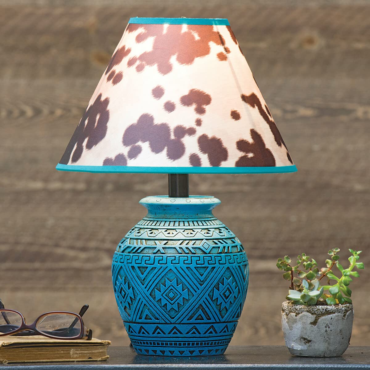 BLACK FOREST DECOR Tribal Turquoise & Cowhide Accent Lamp - Handcrafted Boho Table Lamp for Bedroom, Living Room, or Office Decor