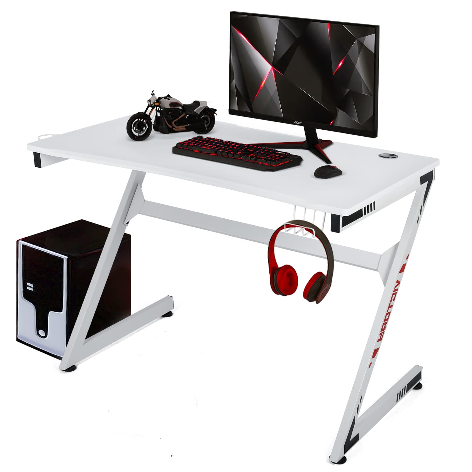 Cirore 42 Inch Z-Shaped Gaming Desk - Sturdy Metal Carbon Fiber PC Computer Desk with Headset Hook, Cup Holder & Shelf for Home Office, Workstation, and Gaming Setup (White) - Perfect for Esports, Streaming & Remote Work