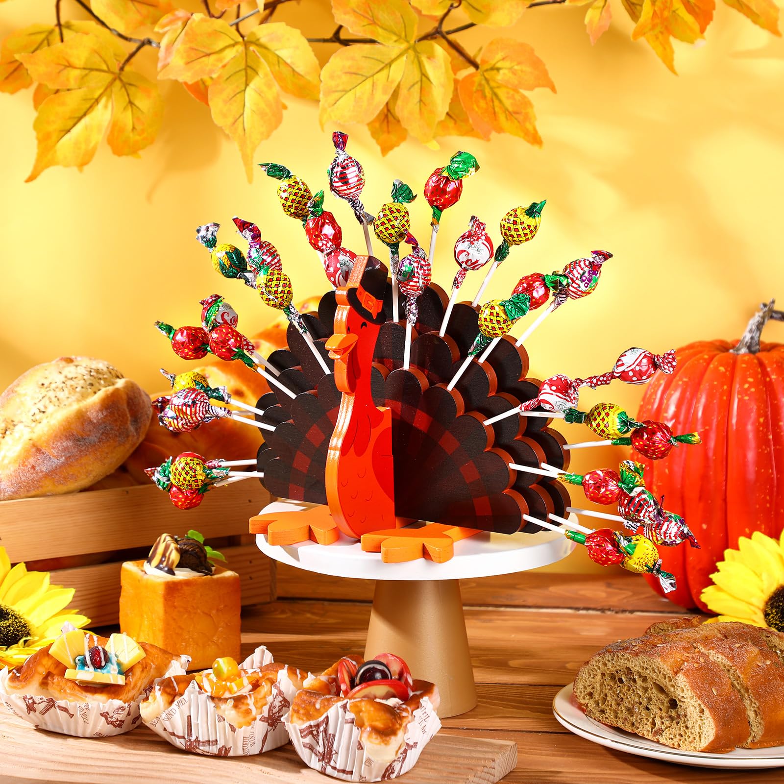 33 Hole Wooden Turkey Lollipop Holder - Thanksgiving Candy Dish Display for Table Decor, Fall Autumn Halloween Centerpiece | Perfect for Holiday Parties, Dessert Tables & Seasonal Home Decoration