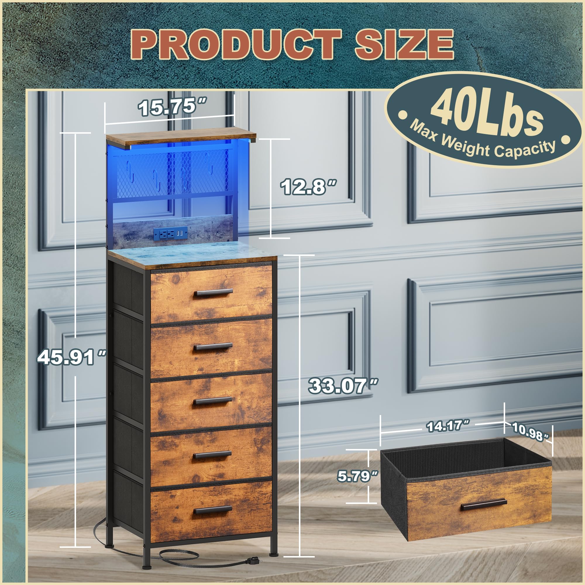 5-Drawer Nightstand with LED Lights & USB Charging Station - Rustic Brown Bedside Table with Metal Mesh Shelf, Hooks & Fabric Drawers - Tall Vertical Dresser for Bedroom, Living Room & Entryway - Perfect for Small Spaces & Modern Home Decor