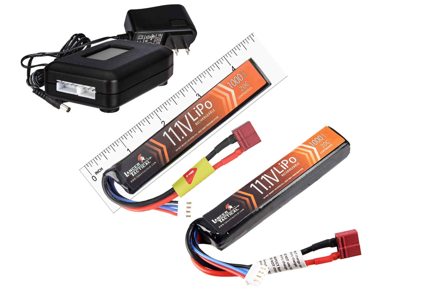 Lancer Tactical 11.1V 1000mAh 20C LiPo Rechargeable Battery Pack with LCD Balance Charger - 2 Pack for Airsoft AEGs, Lancer Gen 3, Proline, Hybrid - Perfect for Airsoft Battles and Extended Gameplay