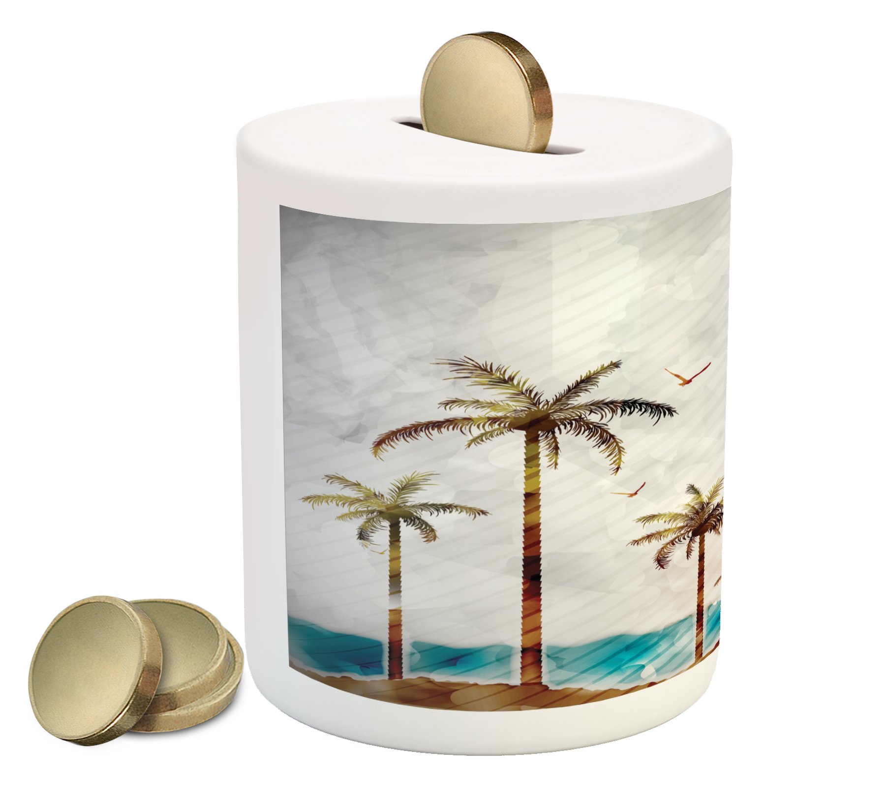 Ambesonne Tropical Island Piggy Bank - Watercolor Palm Trees, Ocean Waves & Sunset Beach Ceramic Coin Bank for Cash Savings | Perfect Gift for Kids, Beach Lovers & Home Decor