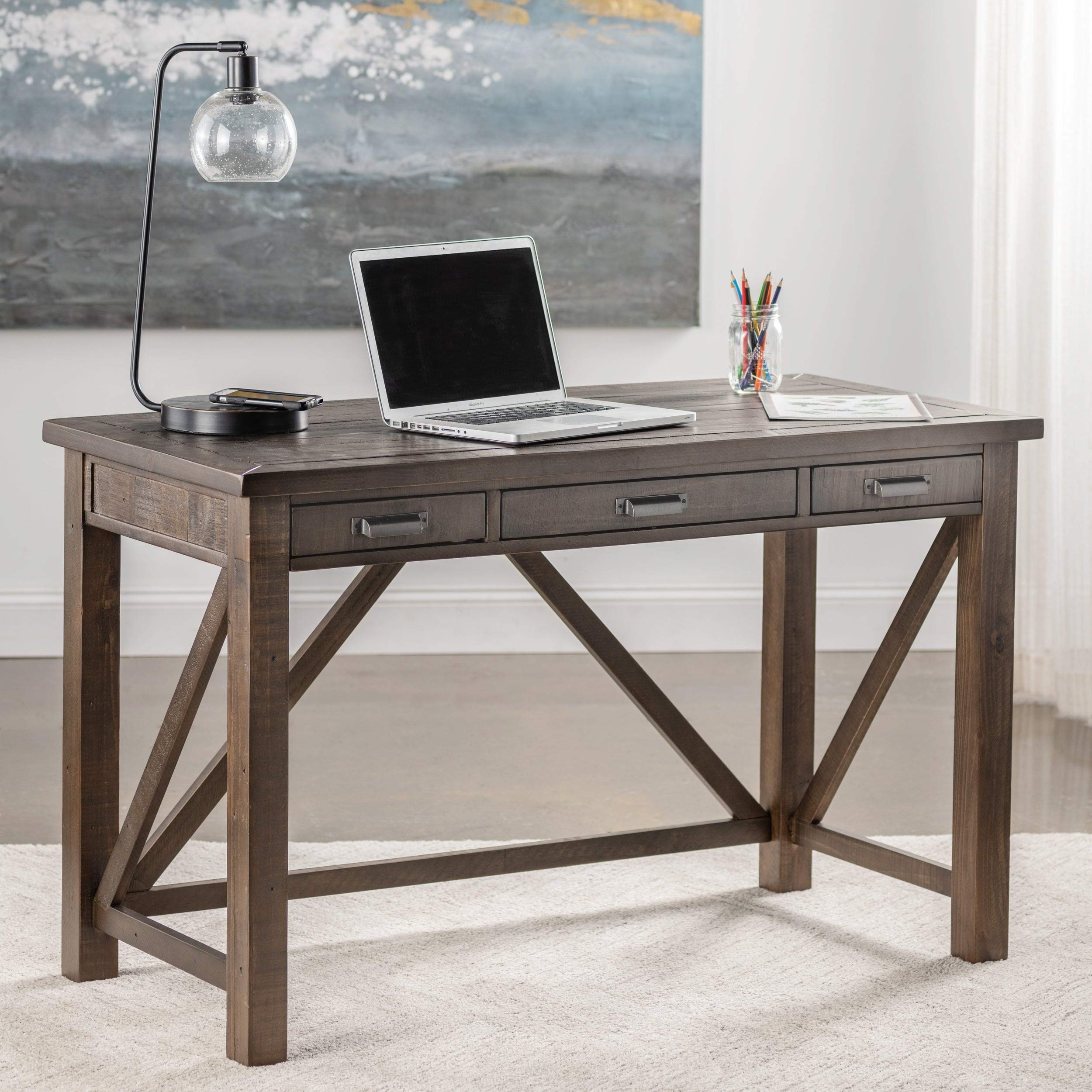 Modern Brown Reclaimed Wood Accent Desk with Drawers - Contemporary Rectangle Design for Home Office, Study, or Living Room Workspace