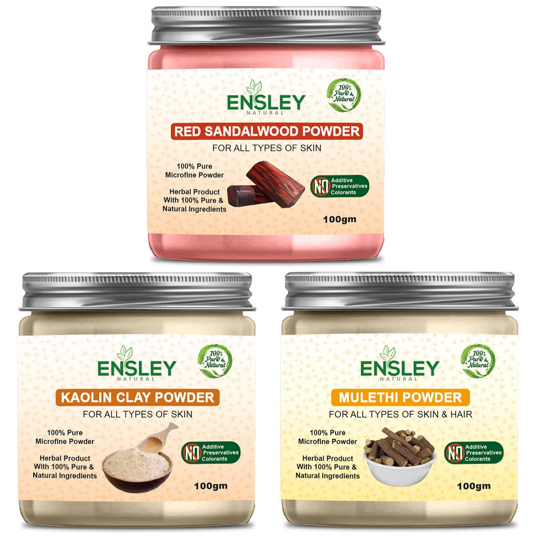 Ensley Red Sandalwood & Kaolin Clay Face Pack with Mulethi Powder - 300g (3x100g) for Glowing Skin | Natural Exfoliating & Brightening Facial Mask for Acne & Blackheads | Perfect for Spa Day & Skincare Routine