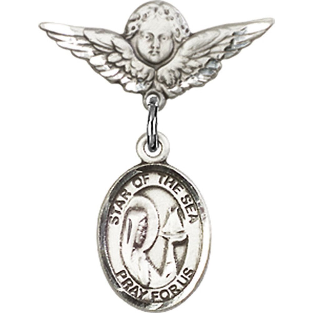 925 Sterling Silver Baby Badge Pin - Our Lady Star of The Sea Charm & Angel Wing Pendant (7/8