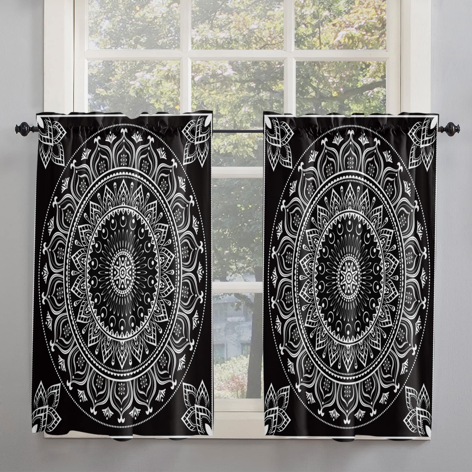 45 Inch Black Abstract Floral Kitchen Curtains - Set of 2 Cafe Tier Panels with Rod Pocket, 84x45 Inches - Perfect for Windows, French Doors & Small Spaces