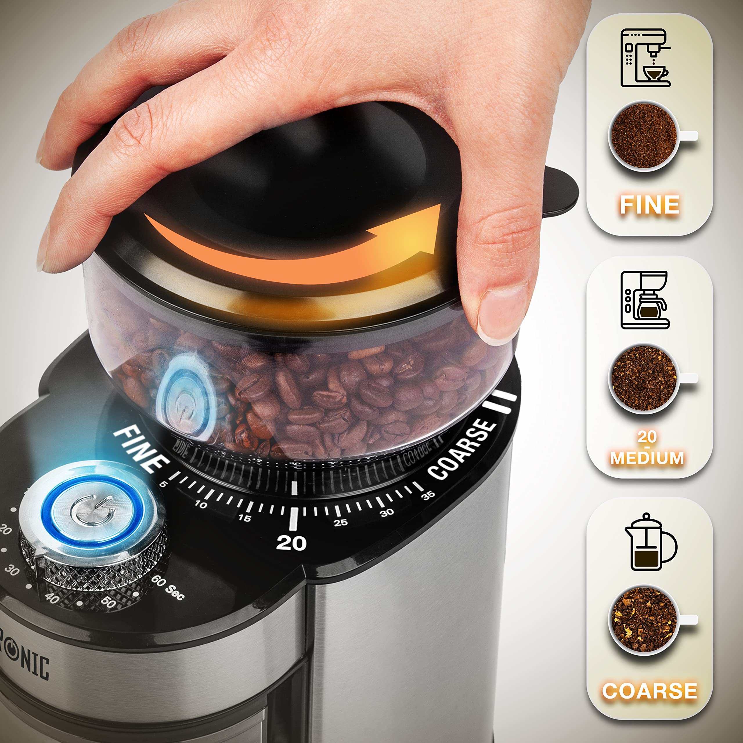 Duronic BG200 Electric Coffee Grinder - Conical Burr Mill with 35 Precise Grind Settings, 200W Power, 200g Bean Capacity (Makes 12 Cups) - Perfect for Espresso, French Press, Cold Brew & Home Baristas