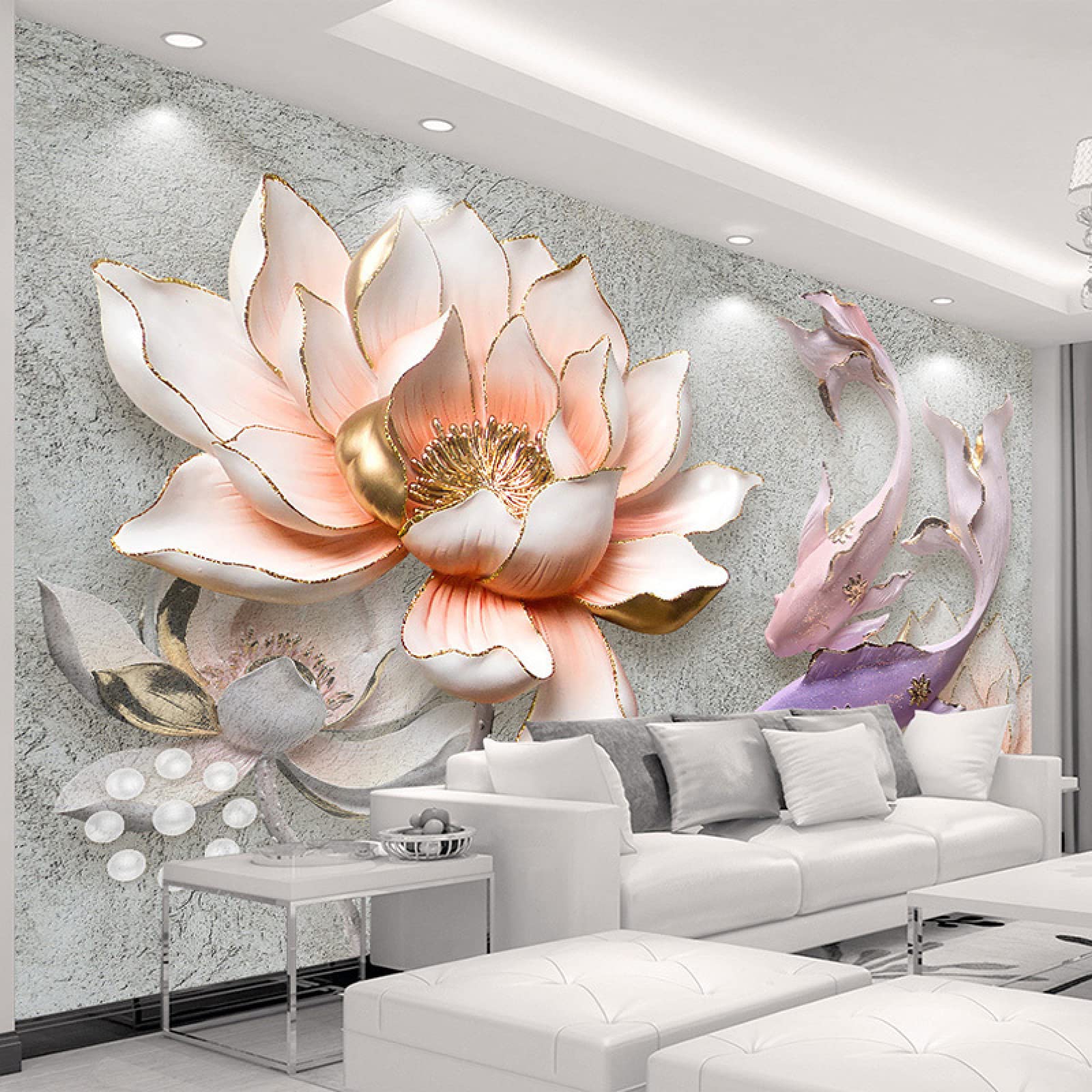 Custom 3D Embossed Lotus Fish Photo Wallpaper - Large Modern Wall Mural for Living Room & Bedroom Decor | Waterproof Peel & Stick Backdrop for Home, Office, Wedding, Event Decoration