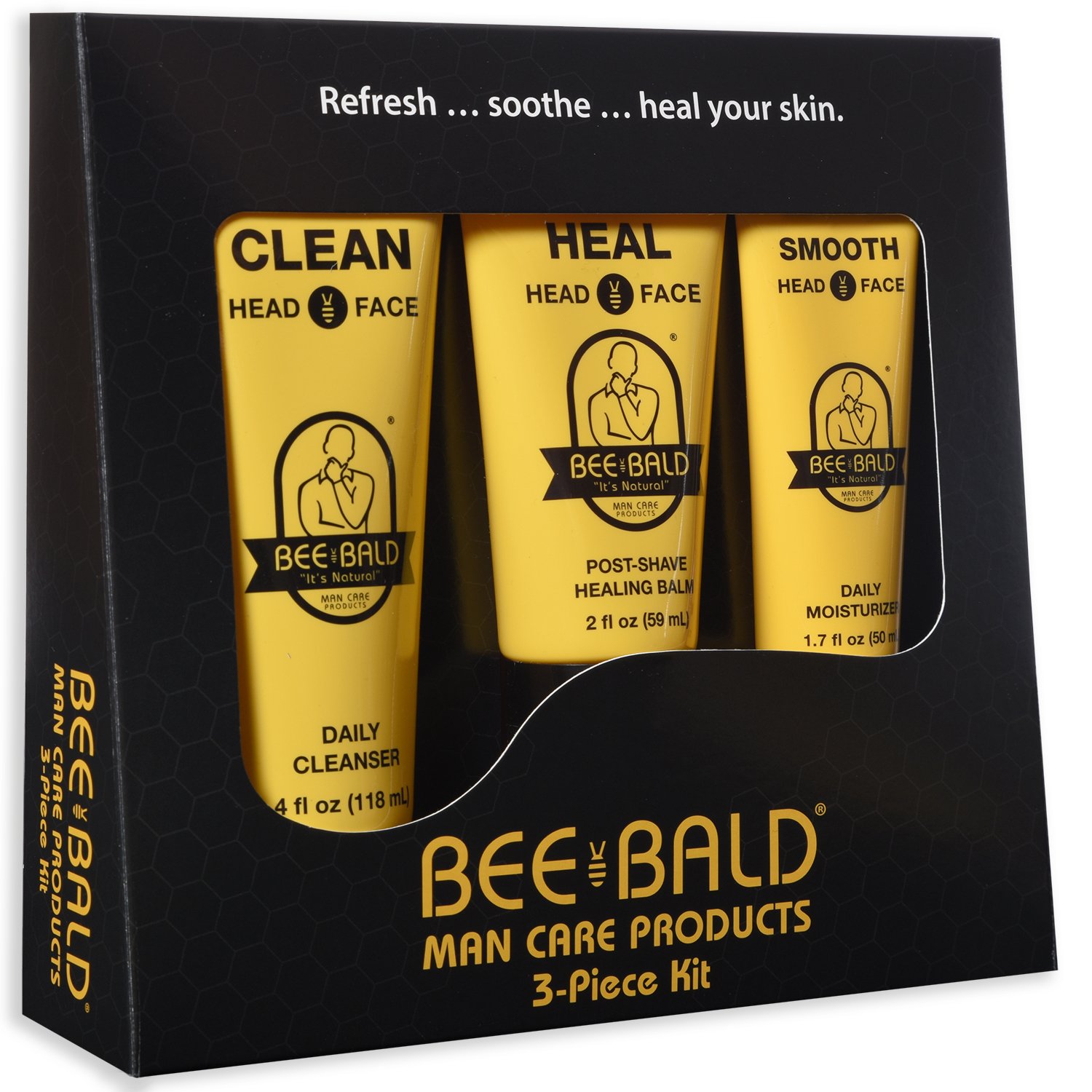 Bee Bald 3-Piece Daily Skin Care Kit - Clean, Heal & Smooth for Men | Complete Grooming Routine for Bald Heads | Ideal for Shaving, Moisturizing & Scalp Care