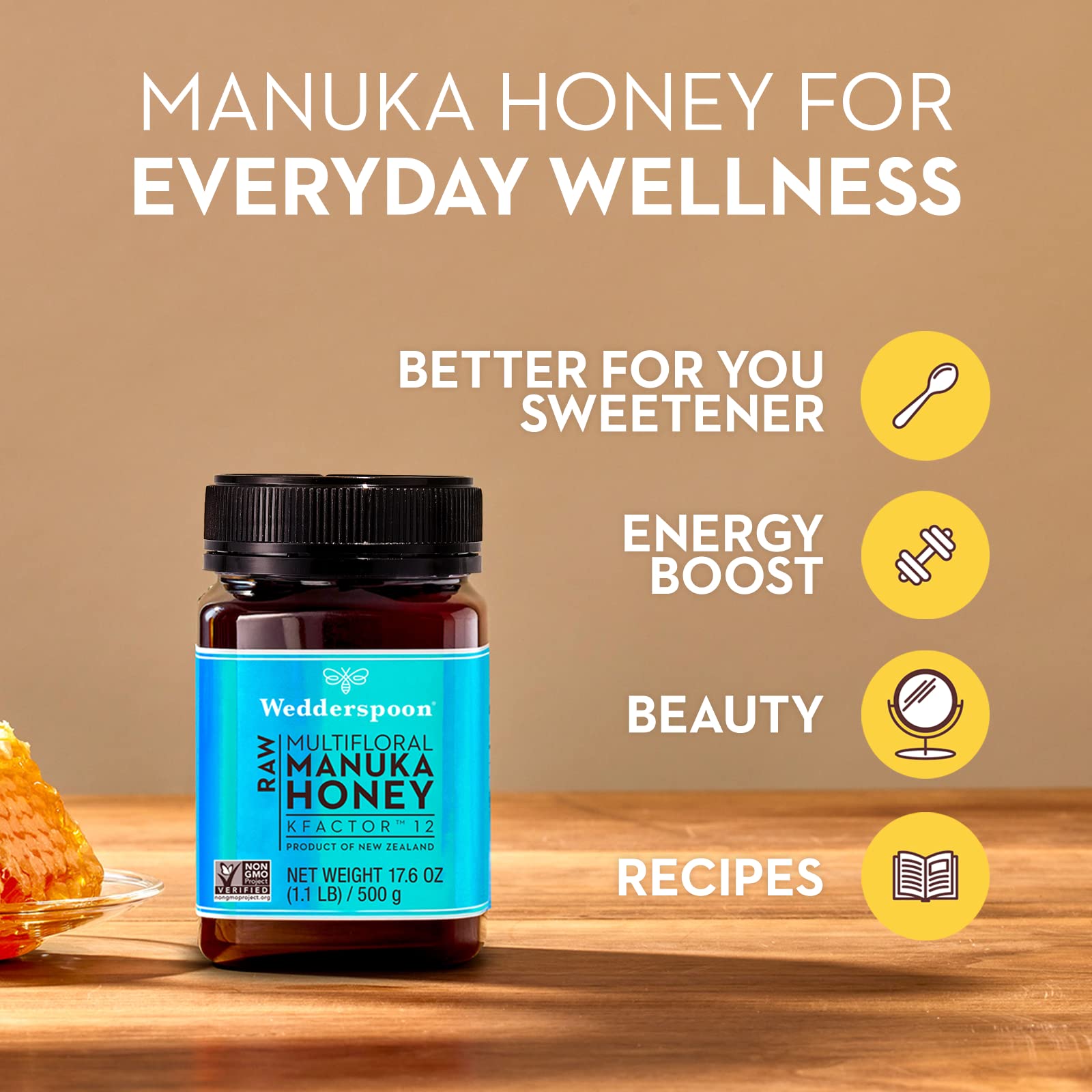 Wedderspoon Raw Manuka Honey KFactor 12, 8.8 Oz - Pure NZ Superfood for Wellness & Tea