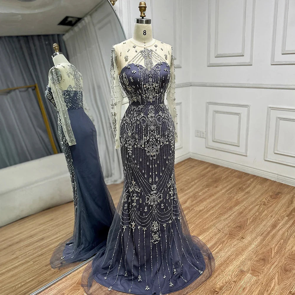 Luxury Dubai Elegant Blue Saudi Arabic Evening Gown with Overskirt - Crystal Beaded Formal Dress for Women - Perfect for Weddings, Galas & Special Occasions LA72757