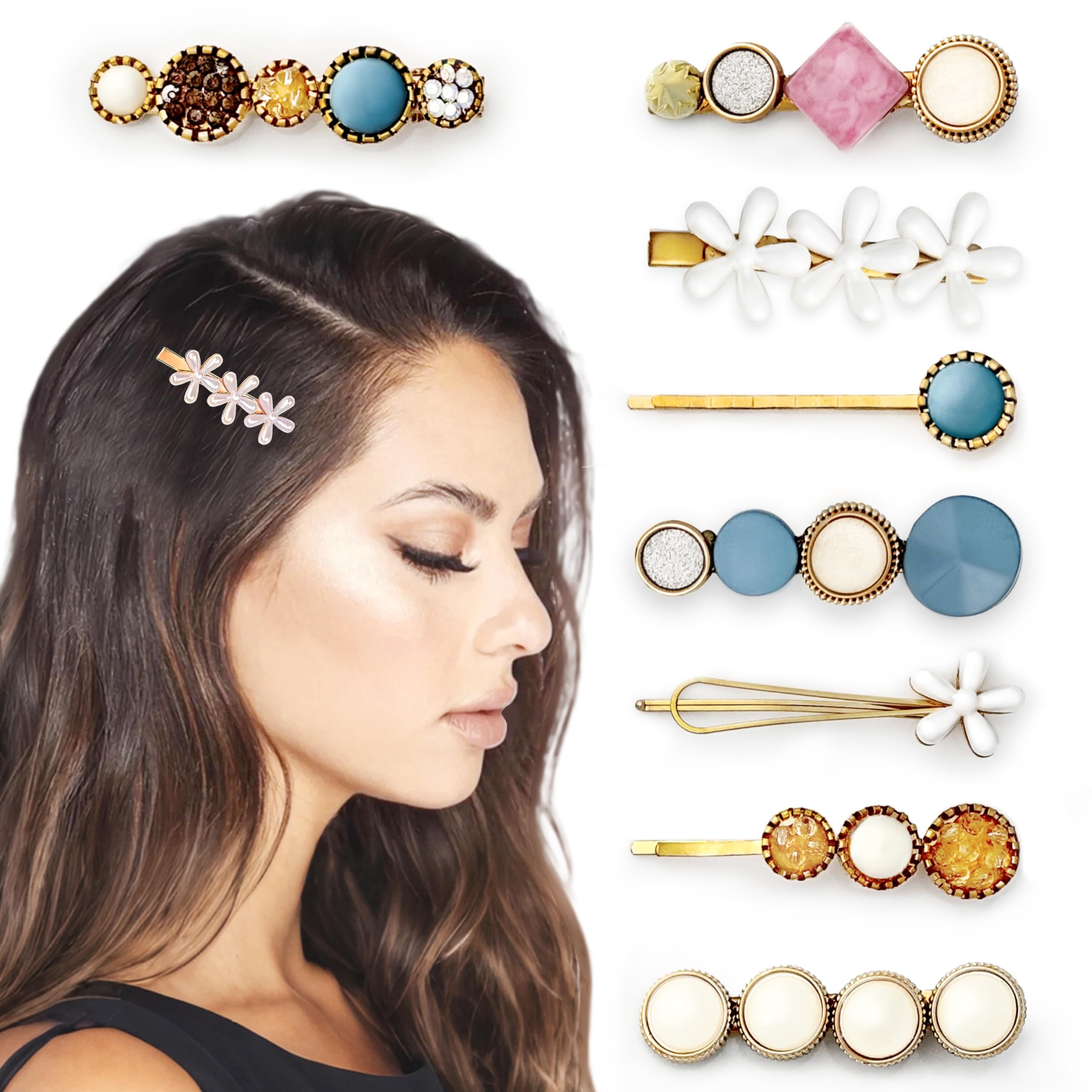 BellaStella Korean Pearl Rhinestone Hair Clips - Elegant Marble Alligator Bobby Pins for Women, Hair Jewelry Accessories for Weddings, Parties & Special Occasions