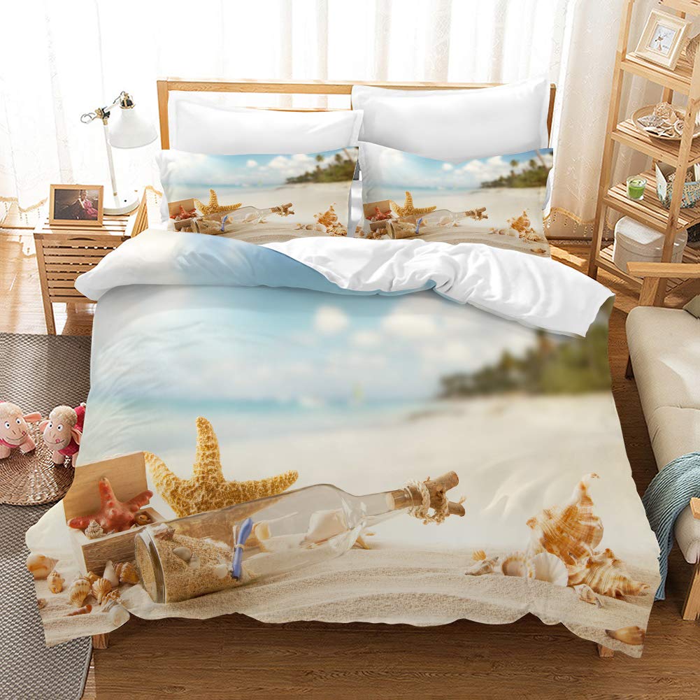 REALIN 3D Beach Shell Themed Duvet Cover Set - Sea, Sunlight & Pineapple Design - 2/4PCS Quilt Cover with Sheets & Pillow Shams - Twin/Full/Queen/King Size (Queen 228x228cm 4PCS) - Perfect for Coastal Bedrooms, Vacation Homes & Tropical Decor