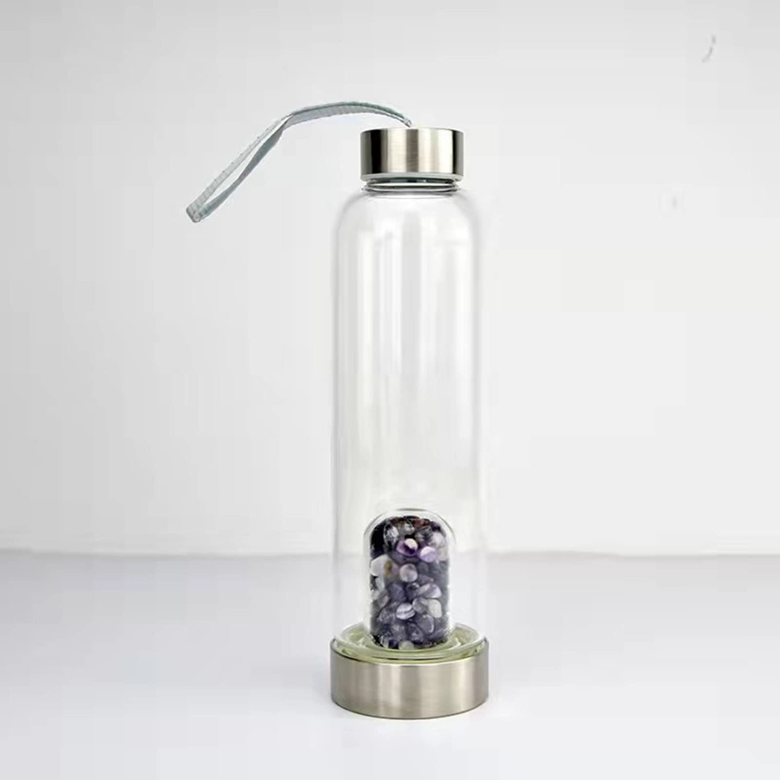 Natural Amethyst Crystal Water Bottle - 550ml/18oz Reusable Gemstone Infused Glass Bottle with Quartz Wand for Energy & Reiki Healing | Perfect for Yoga, Meditation & Holistic Wellness
