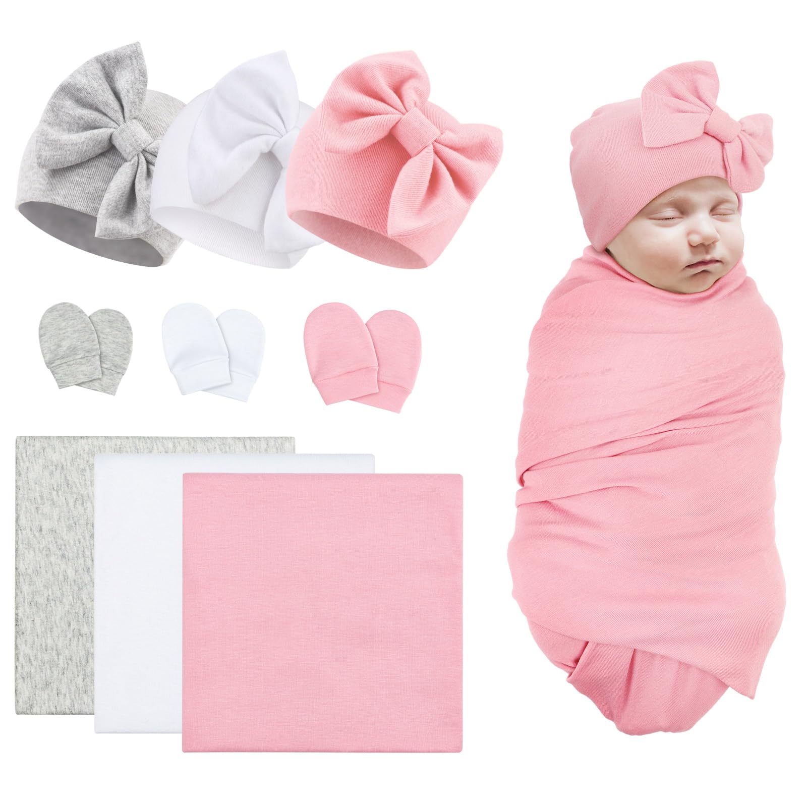 DRESHOW BQUBO Newborn Cotton Receiving Blankets - Soft & Warm Baby Swaddle with Mittens & Bow Hat - Perfect for Hospital, Sleep, and Baby Shower Gifts - Ideal for Newborns 0-6 Months