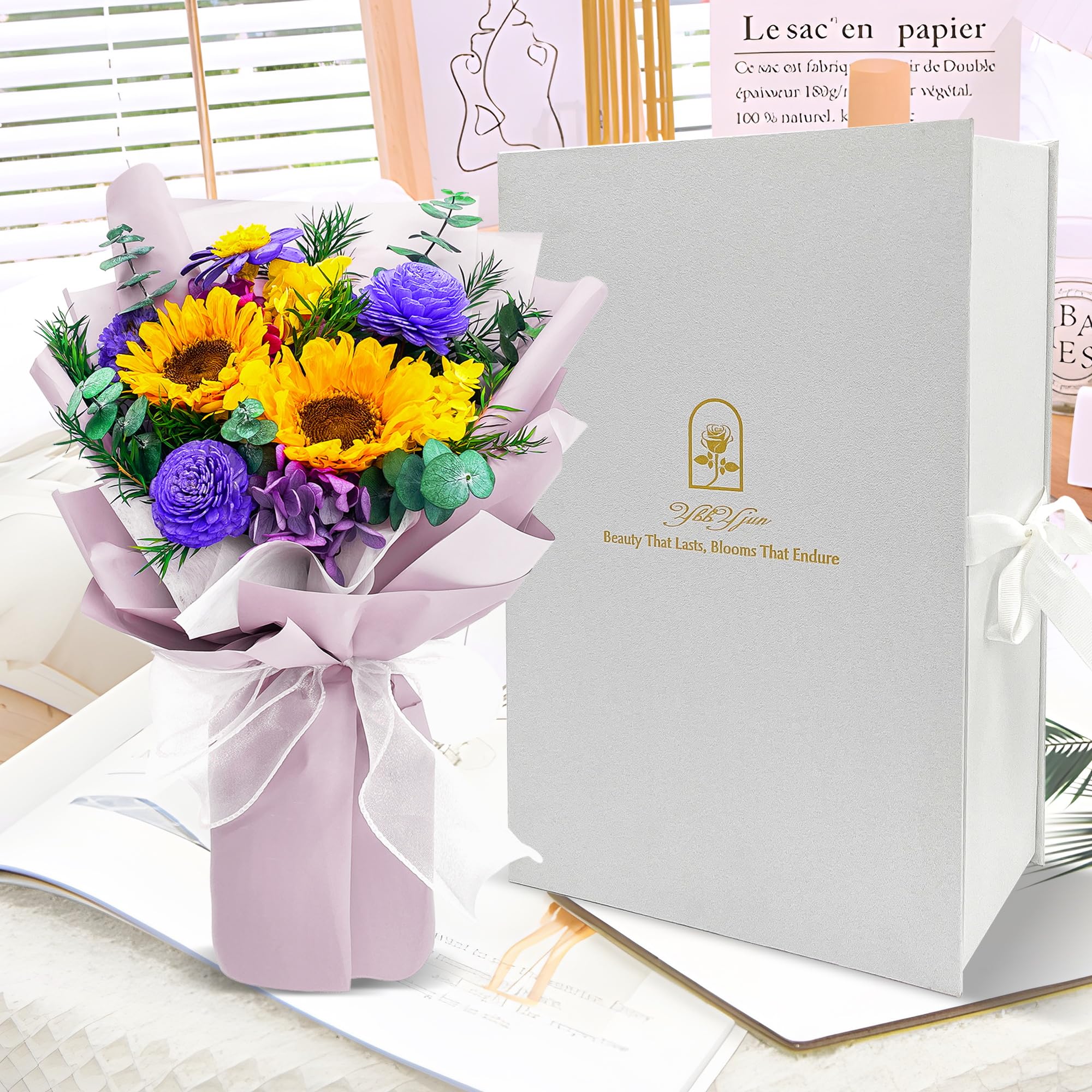 YBBYjun Preserved Sunflower Bouquet in Gift Box - Long Lasting Flowers for Delivery, Perfect Gift for Women, Mom, Grandma - Ideal for Birthdays, Anniversaries & Home Decor