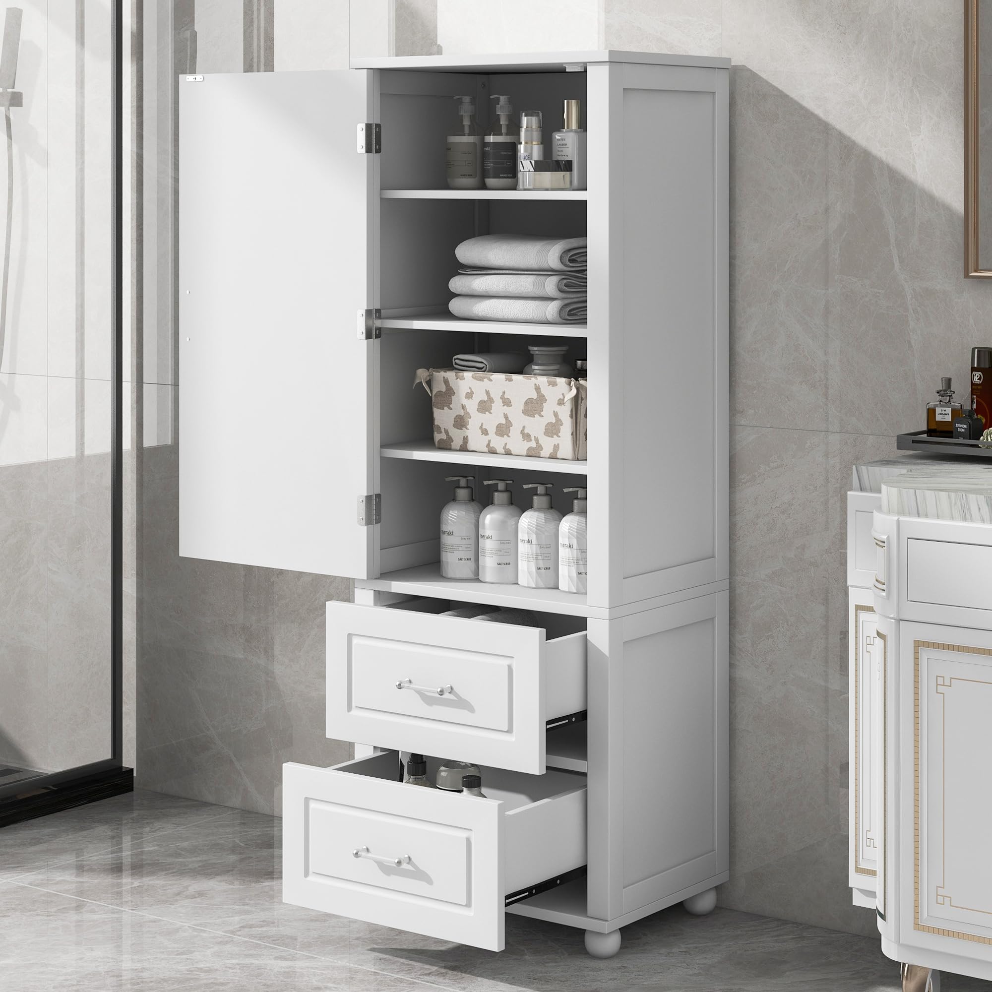LZ LEISURE ZONE Tall Bathroom Storage Cabinet with 2 Drawers & Adjustable Shelf - Freestanding Bathroom Organizer for Home, Kitchen, Living Room - Anti-Tip Design, White - Perfect for Small Space Organization & Bathroom Essentials Storage