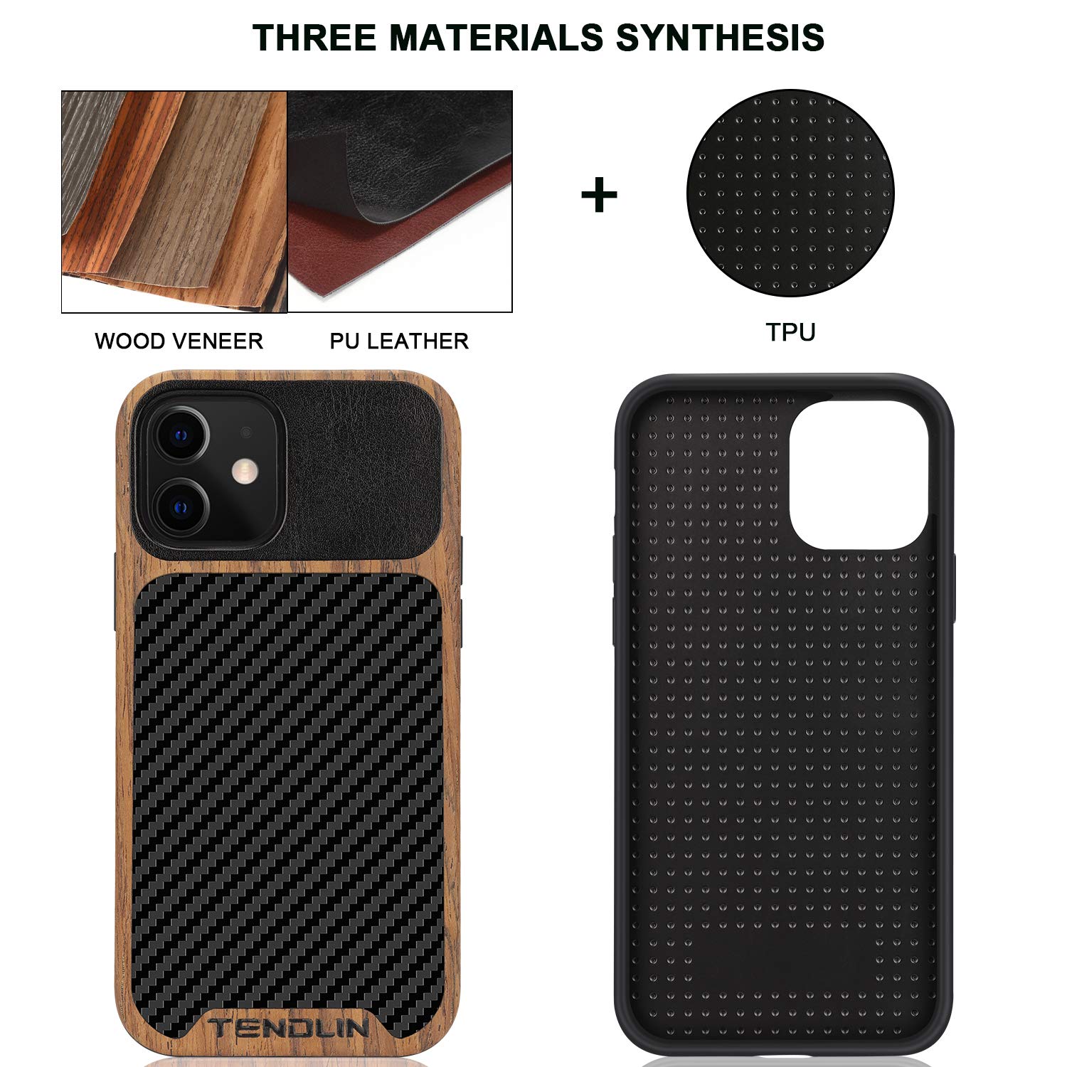 Premium Wood Grain & Carbon Fiber Hybrid Case for iPhone 12/12 Pro - Slim Leather Protective Cover (Black) | Perfect for Business, Travel & Everyday Use