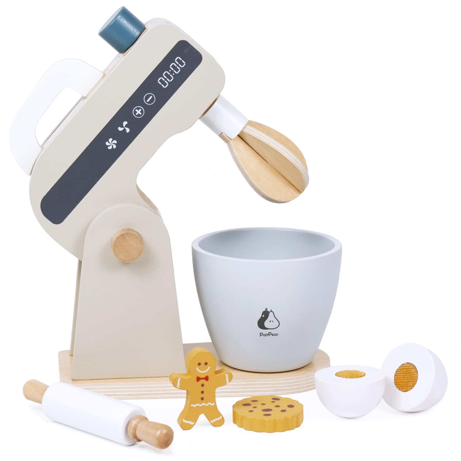 PairPear Wooden Play Food Stand Mixer - Pretend Bake Cookies Playset, Multi-Function Toy Kitchen Accessories for Kids Ages 3+ - Perfect for Role Play & Early Learning Activities