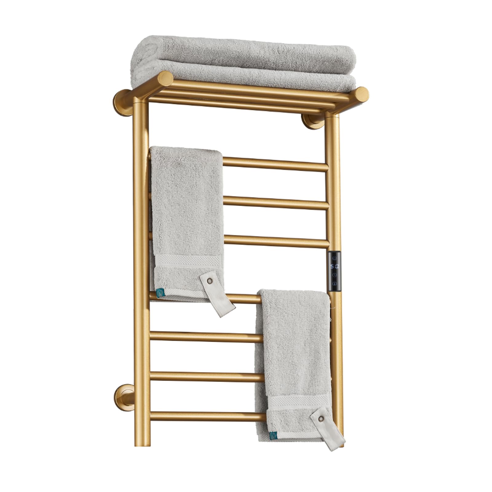 Premium 70W Electric Heated Towel Rack with Built-in Timer & LED Indicators - 7-Bar Gold Wall Mounted Towel Warmer with Top Shelf (1H-8H Timer Modes) | Bathroom Luxury, Spa Experience & Quick Drying Solution for Hotels & Homes
