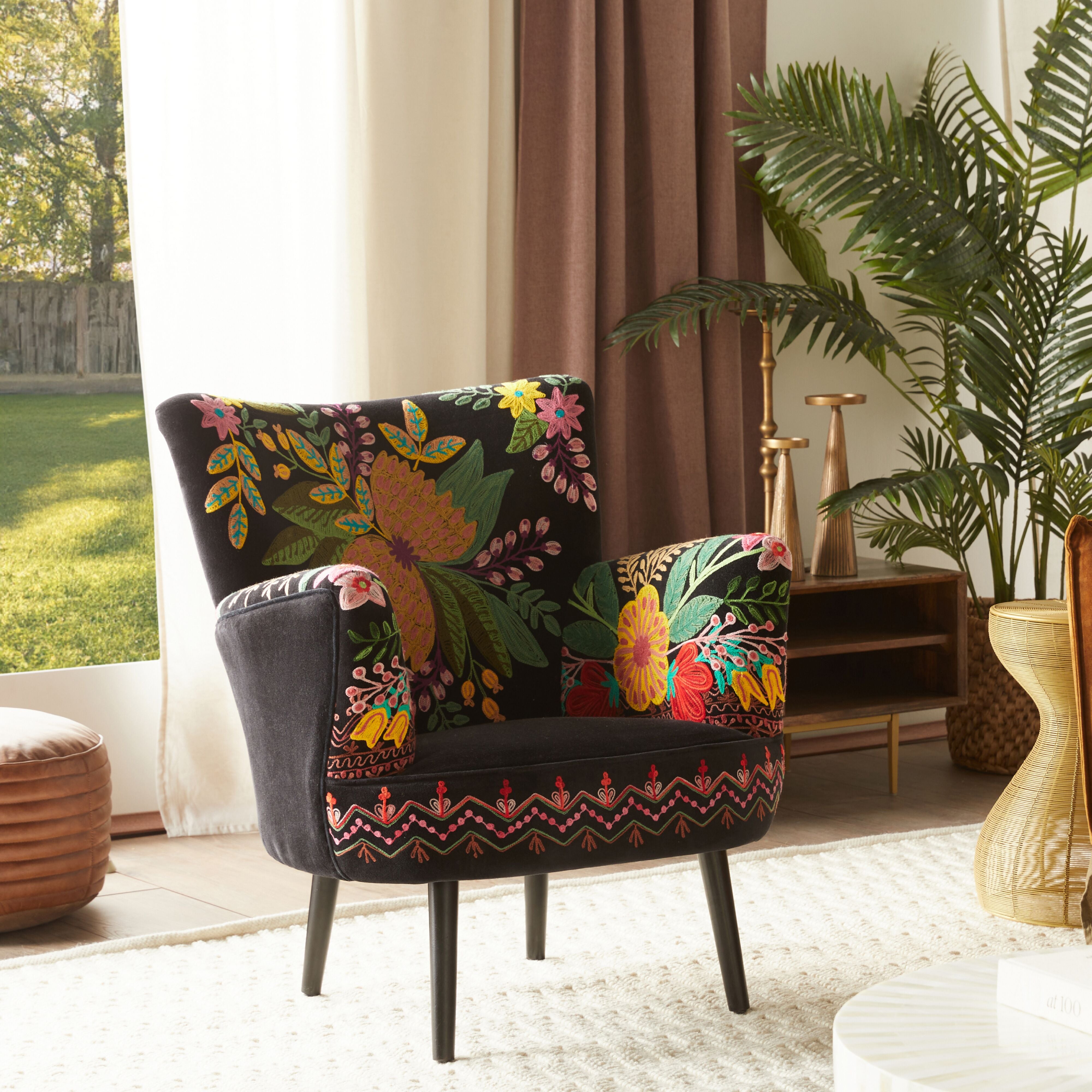 Elegant Black Blossom Embroidered Armchair - Modern Floral Accent Chair for Living Room, Bedroom & Office Decor