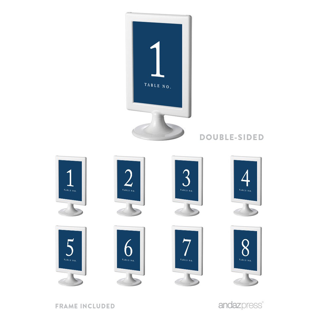 Andaz Press Framed Double-Sided Wedding Table Numbers 1-8, Navy Blue, 4x6 Inch, Includes 8 Stands – Perfect for Wedding Reception, Banquet, and Event Decor