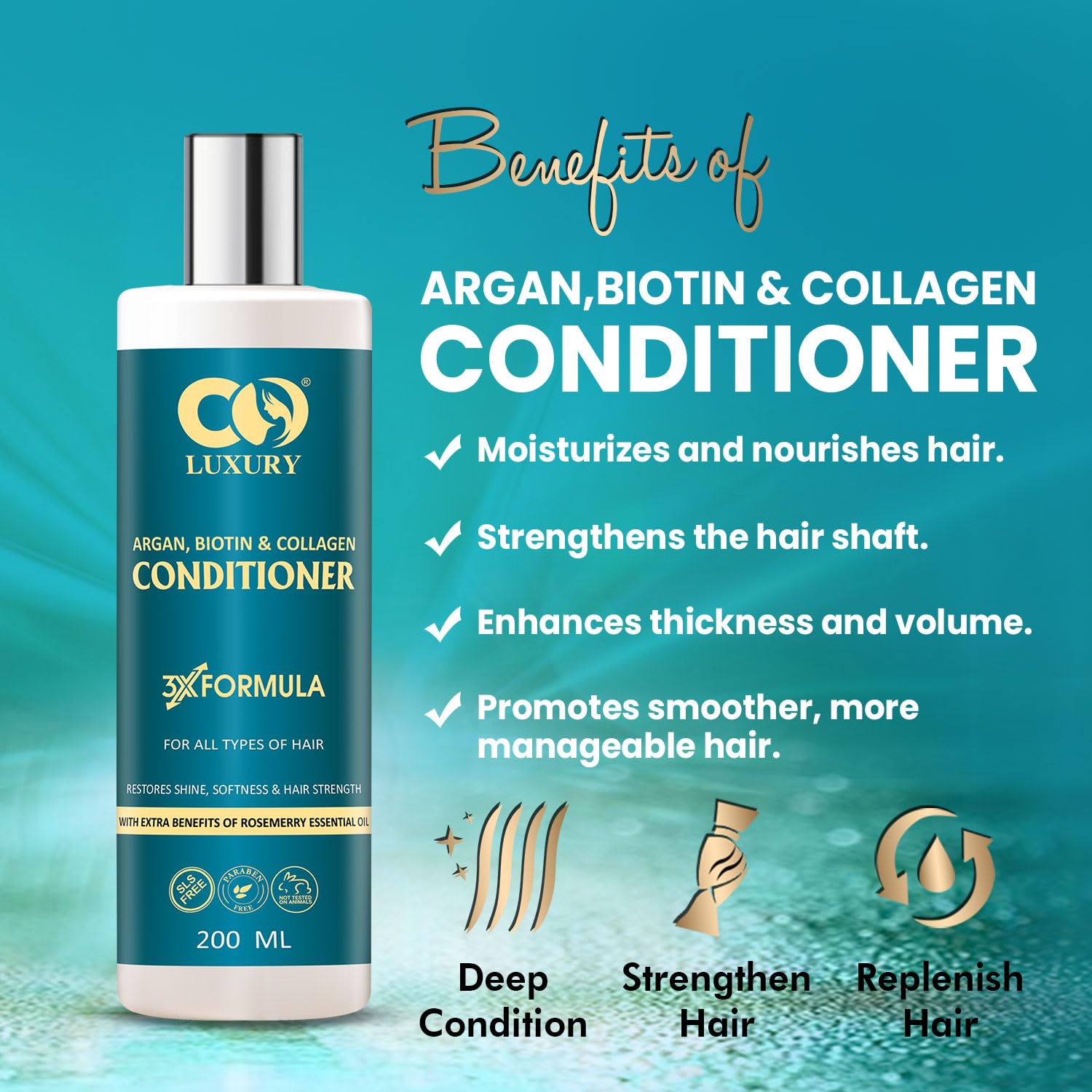 CO LUXURY Argan Biotin & Collagen Conditioner for Smooth & Shiny Hair | Nourishing Hair Repair Treatment with Jojoba Oil | Frizz Control for All Hair Types - 200 ml | Daily Hydration & Salon-Quality Results at Home