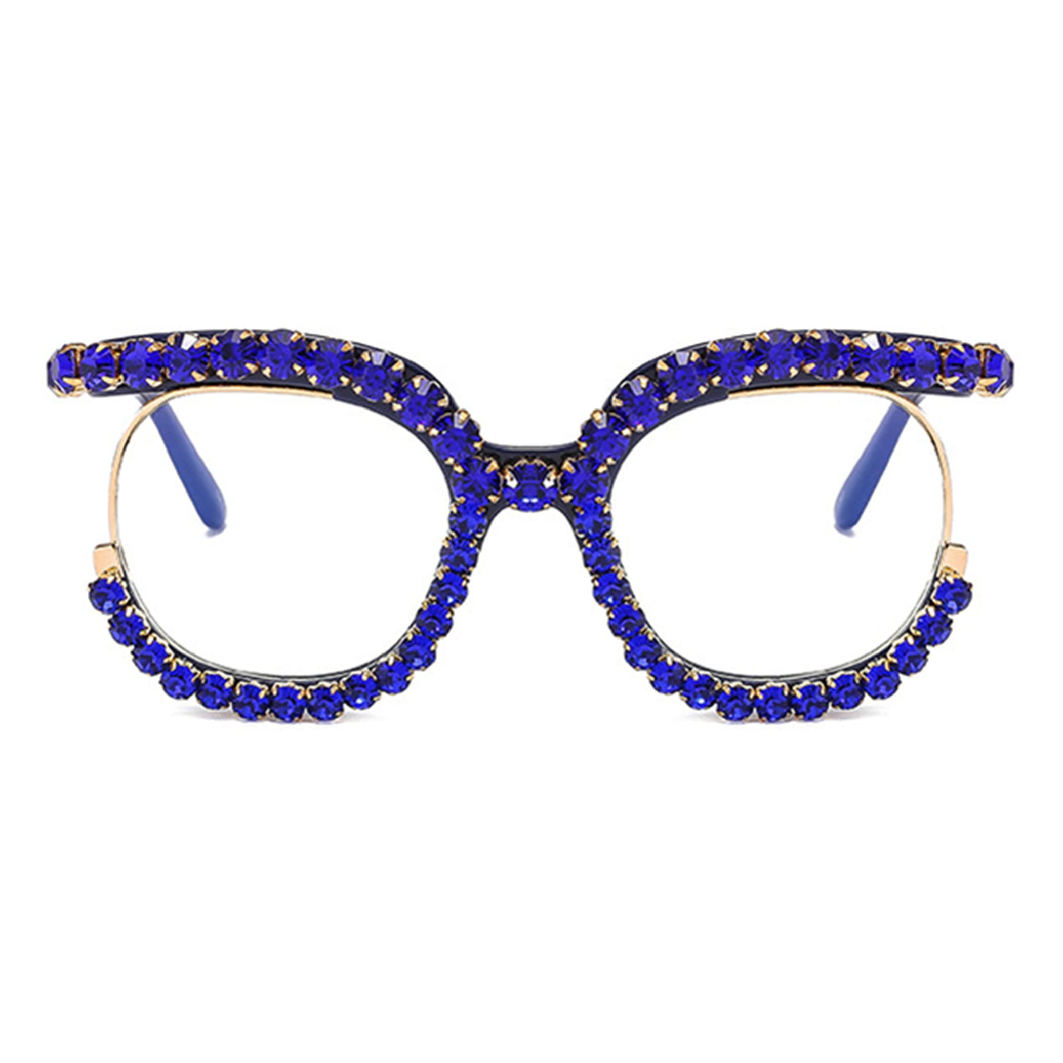 Vintage Fashion Women's Half-Rim Round Reading Glasses with Crystal Trim & Jeweled Frame - Costume Eyewear for Reading, Cosplay, and Retro Style Outfits
