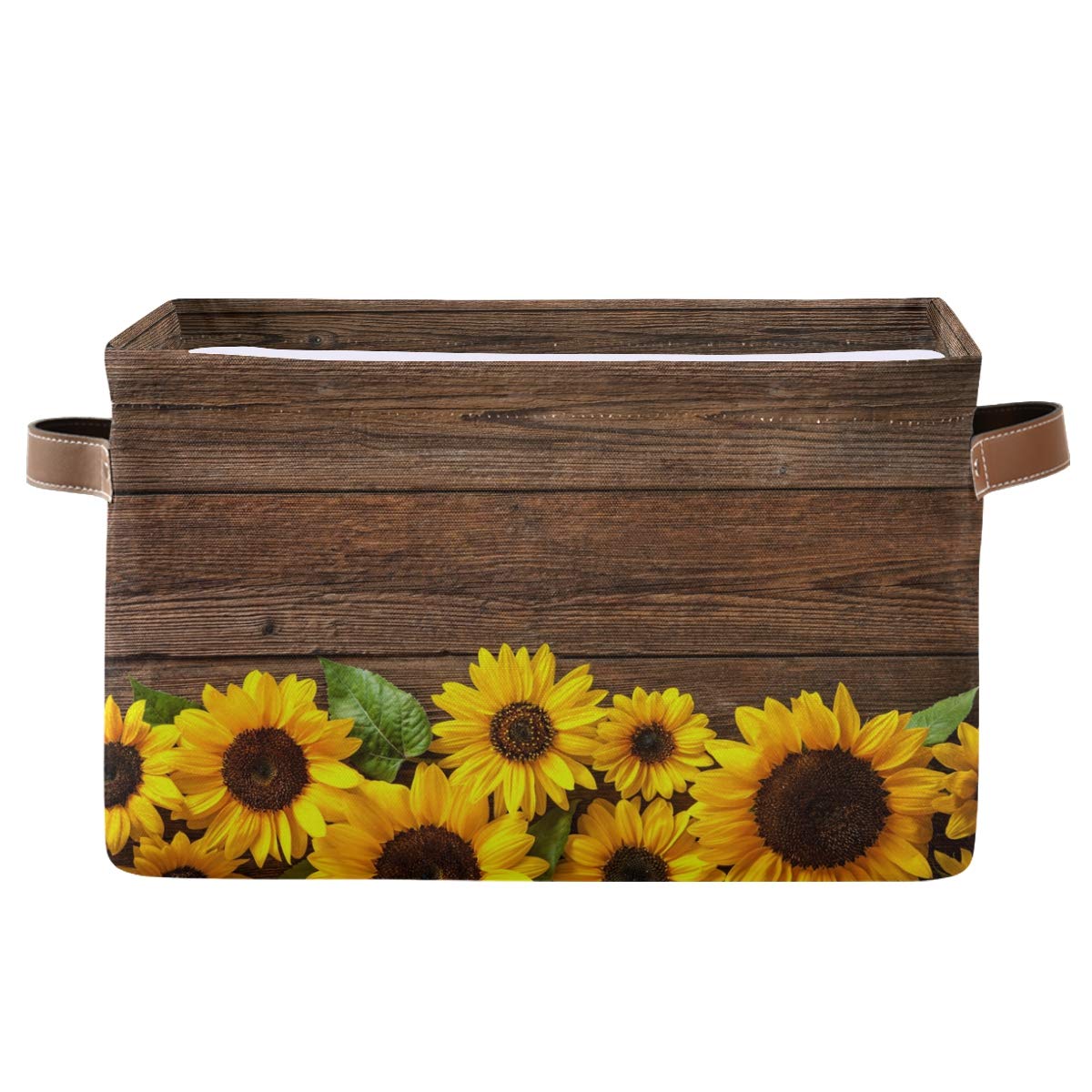 Floral Sunflower Collapsible Storage Basket with PU Leather Handles - Foldable Fabric Bin for Toys, Wardrobe & Closet Organization - Perfect for Nursery, Playroom & Home Decor Storage Solutions