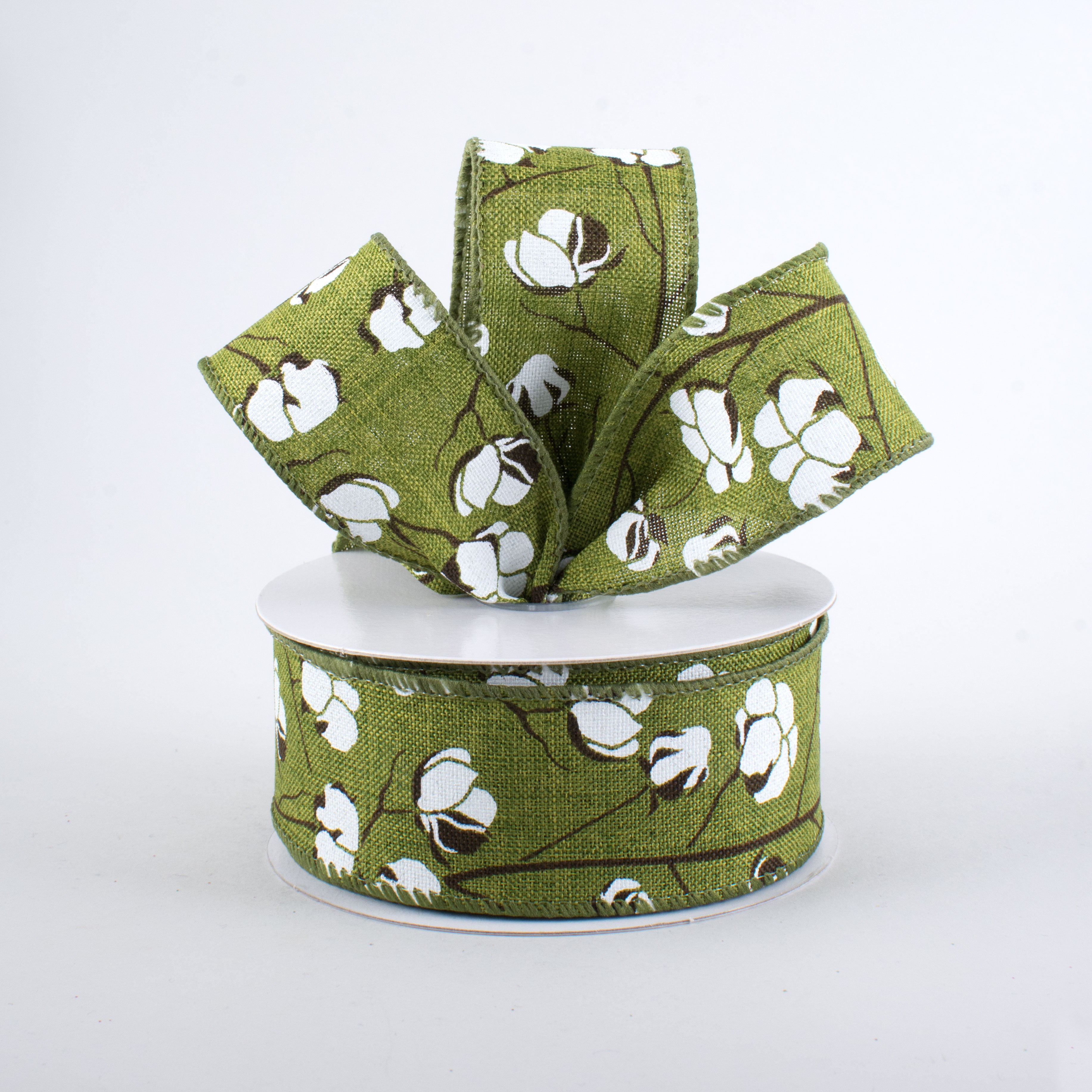 1.5 Inch Moss Green Cotton Boll Ribbon - 10 Yards Bulk Roll for Gift Wrapping, Floral Arrangements, and DIY Crafts