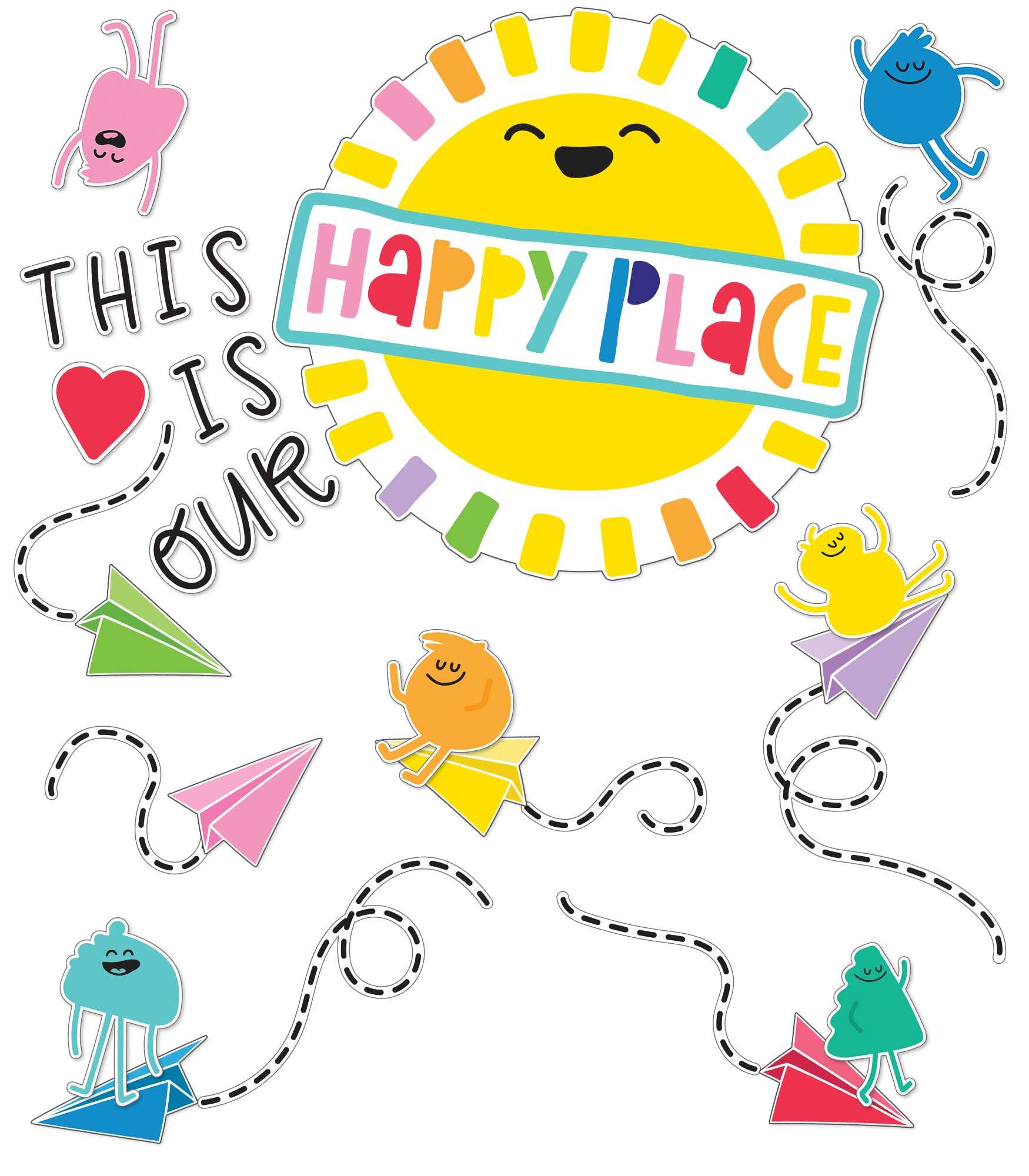 Carson Dellosa Rainbow Bulletin Board Set - 58 Piece Happy Place Classroom Decor with Heart & Paper Airplane Cutouts for Wall Decor | Perfect for Preschool, Elementary School & Homeschool Decorations
