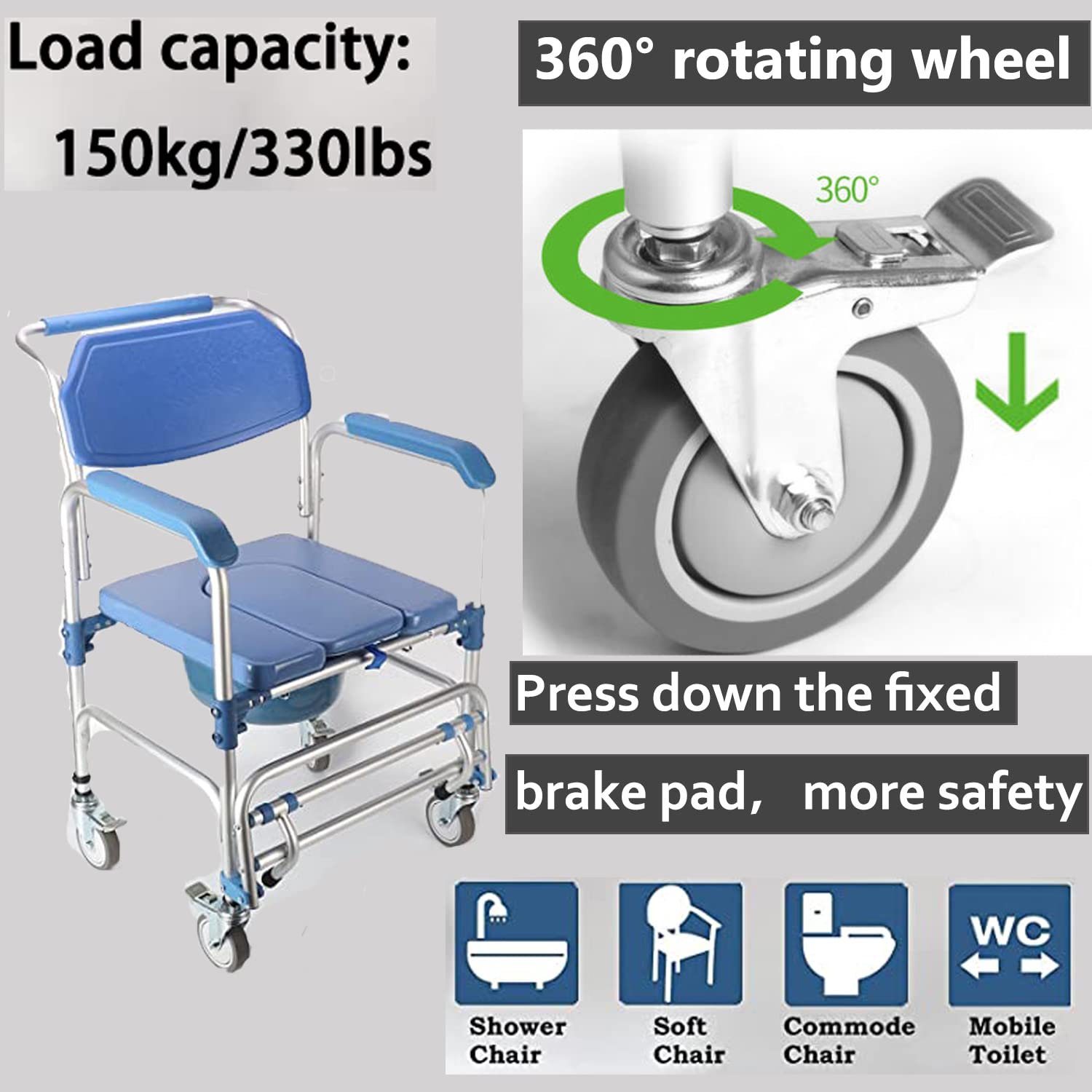 Ybaymy Rolling Shower Commode Chair - 330lbs Weight Capacity Wheelchair with Locking Wheels & Padded Seat for Elderly & Disabled - Ideal for Bathroom Safety, Mobility Assistance & Home Care
