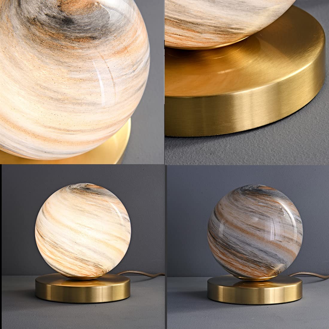 Gold Handblown Glass Globe Table Lamp - Bedside Reading Lamp for Bedroom, Office & Library - Plug-in Desk Light with Moon Shade (Perfect for Nightstands, Workspaces & Cozy Reading Nooks)