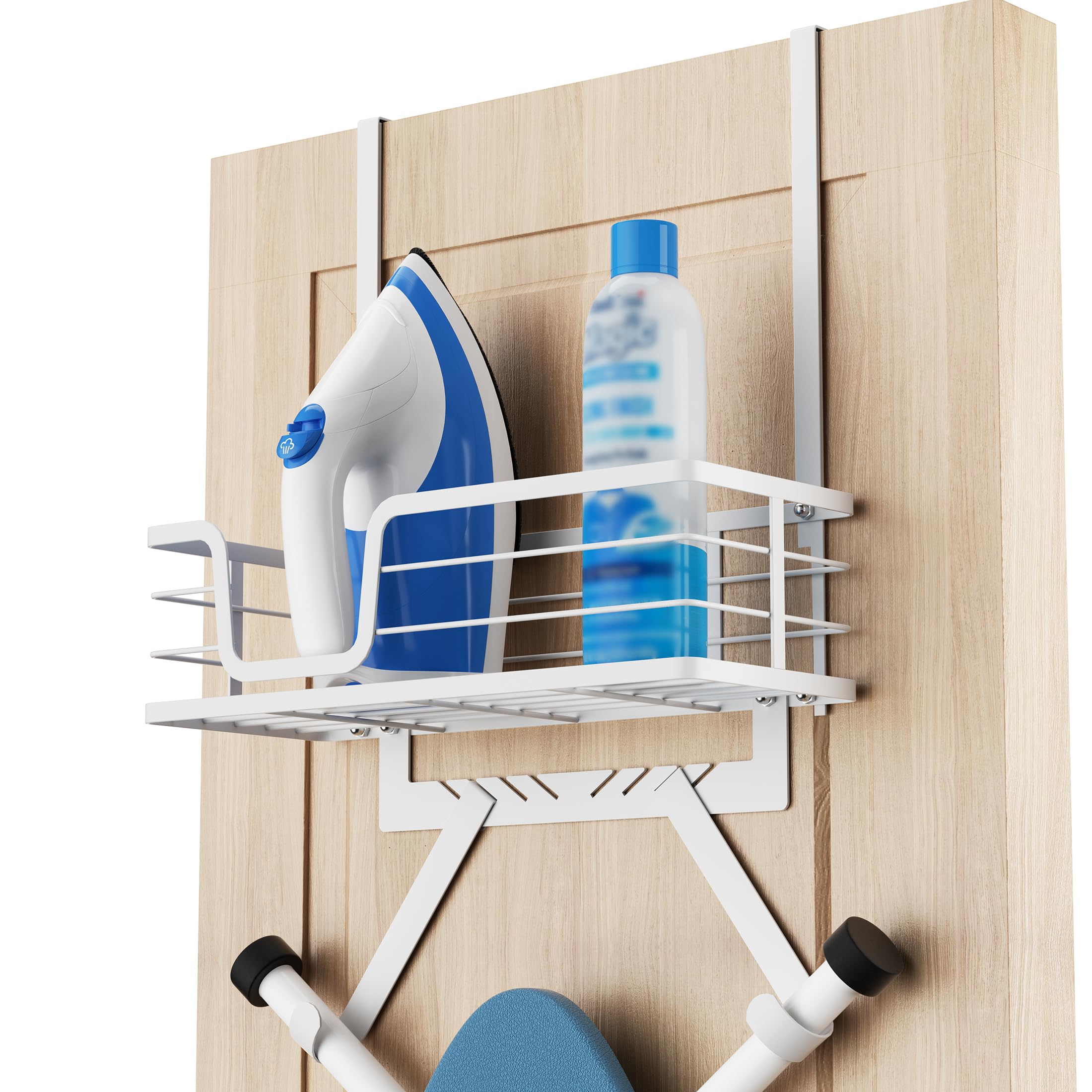 KES Over The Door Ironing Board Hanger - White Y & T Shaped Iron Board Holder with Storage Shelf for 1 3/4 Inch Doors (HIR501B-WH) - Space Saving Laundry Room & Closet Organization Solution