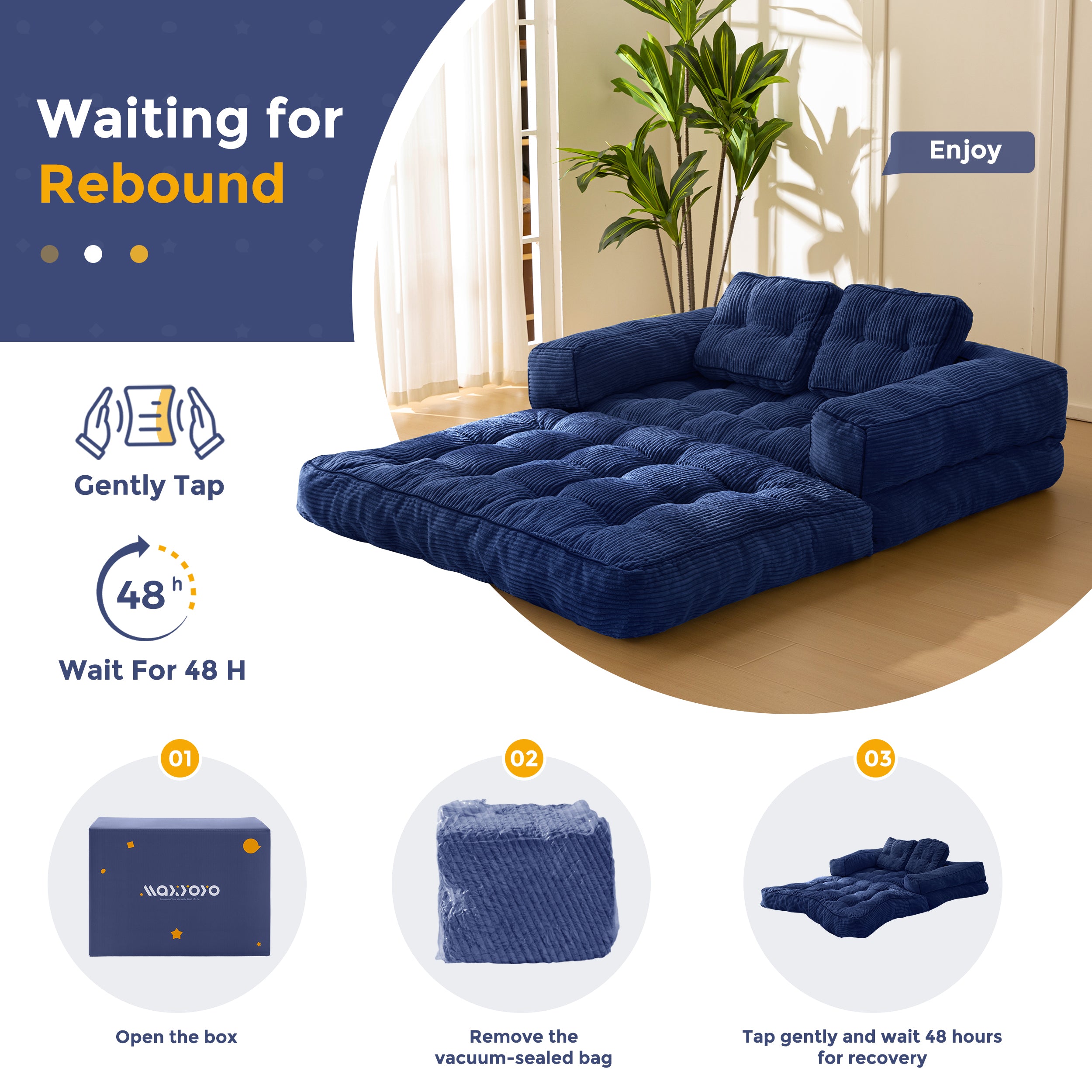 MAXYOYO L-Shaped Folding Sofa Bed - Convertible Sleeper Couch with Armrest & Pillow, Portable Foldable Floor Lounge Chair for Living Room, Bedroom, Guest Room (Double Size, Navy Blue) | Perfect for Small Spaces, Apartments & Overnight Guests