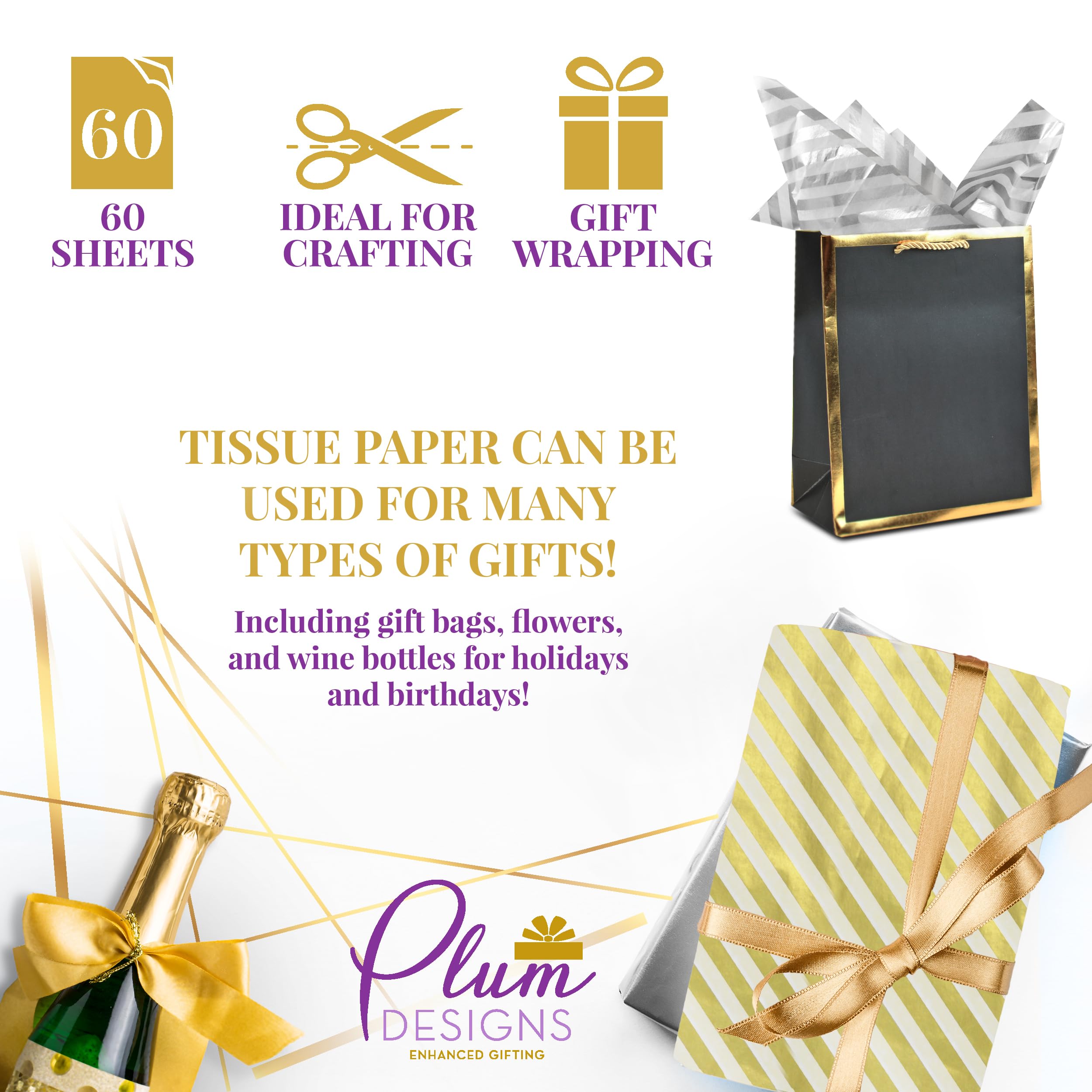 Premium Gold Tissue Paper for Gift Wrapping - 60 Sheets Metallic Gold & White Striped 20