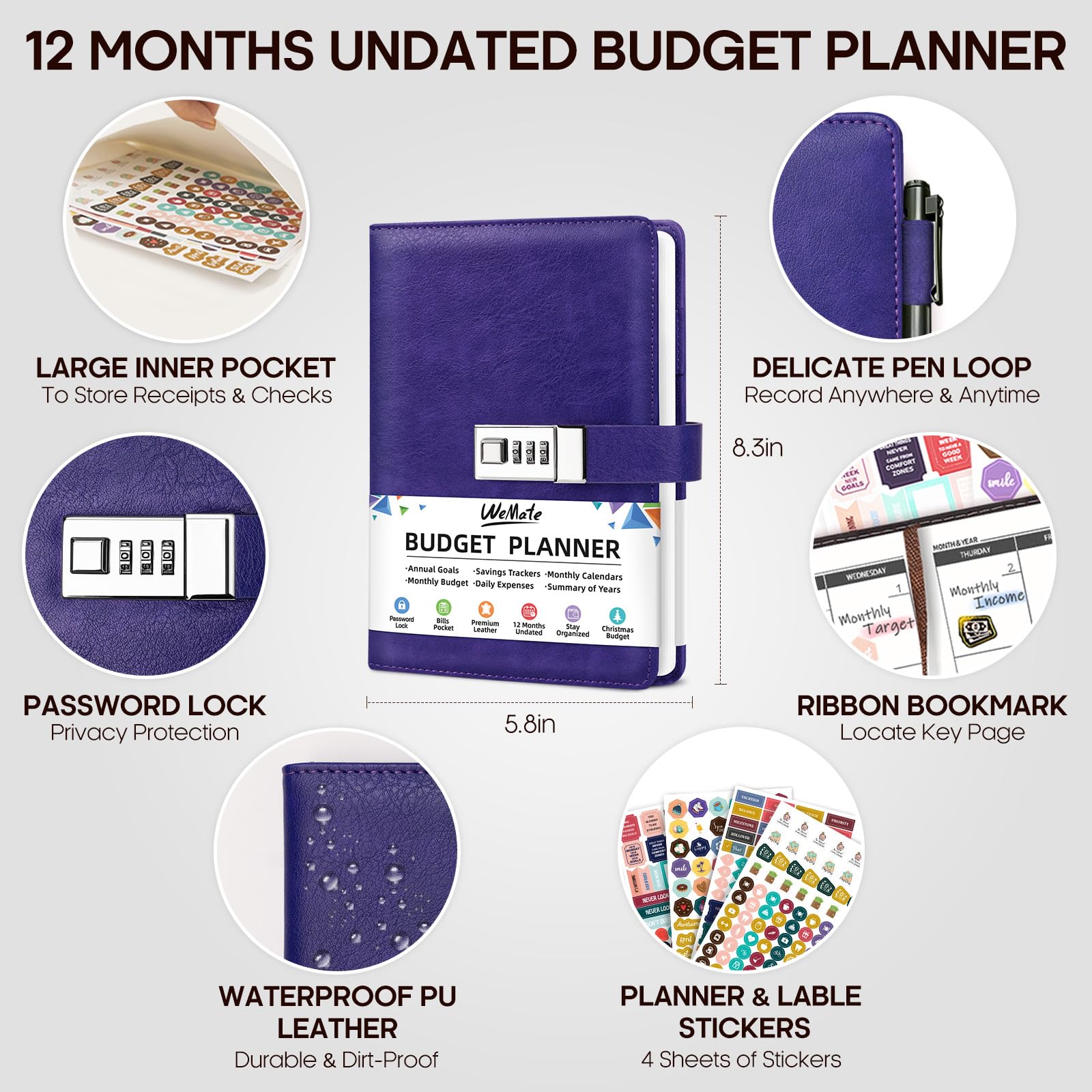 WEMATE 2025 Budget Planner with Lock - Monthly Expense Tracker Notebook & Undated Financial Organizer - A5 Leather Money Management Journal in Purple - Perfect for Personal Finance, Savings Goals, and Household Budgeting
