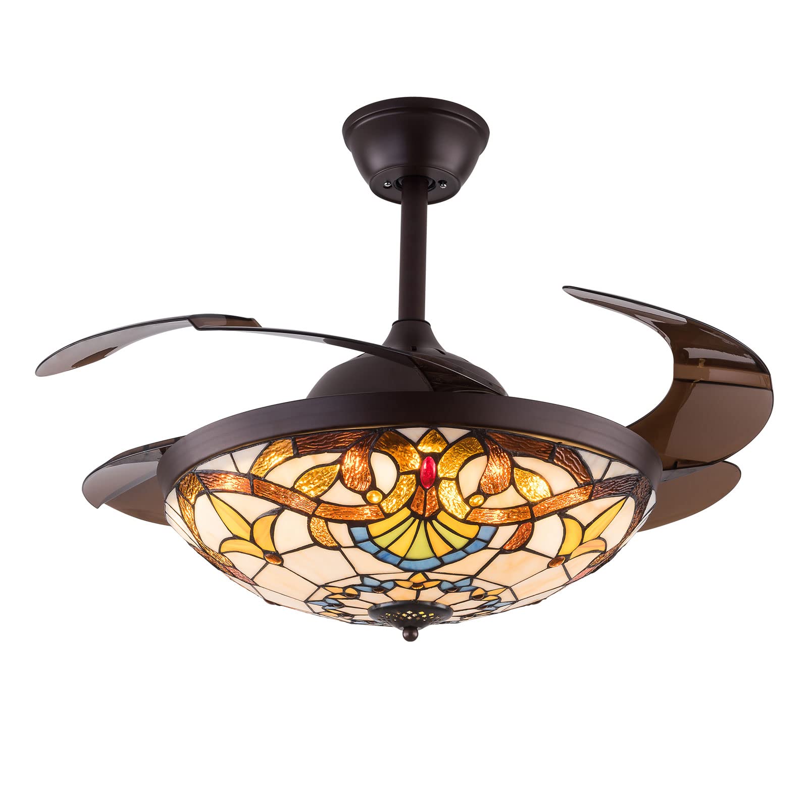 LOYALHEARTDY 42-inch Tiffany Ceiling Fan with Lights and Remote Control - Reversible Blades & Retractable Tiffany Chandelier - 3 Speed Settings, 3 LED Light Modes, 4-Hour Timer - Mediterranean Style Ceiling Fan for Living Room, Bedroom, Dining Room & Patio