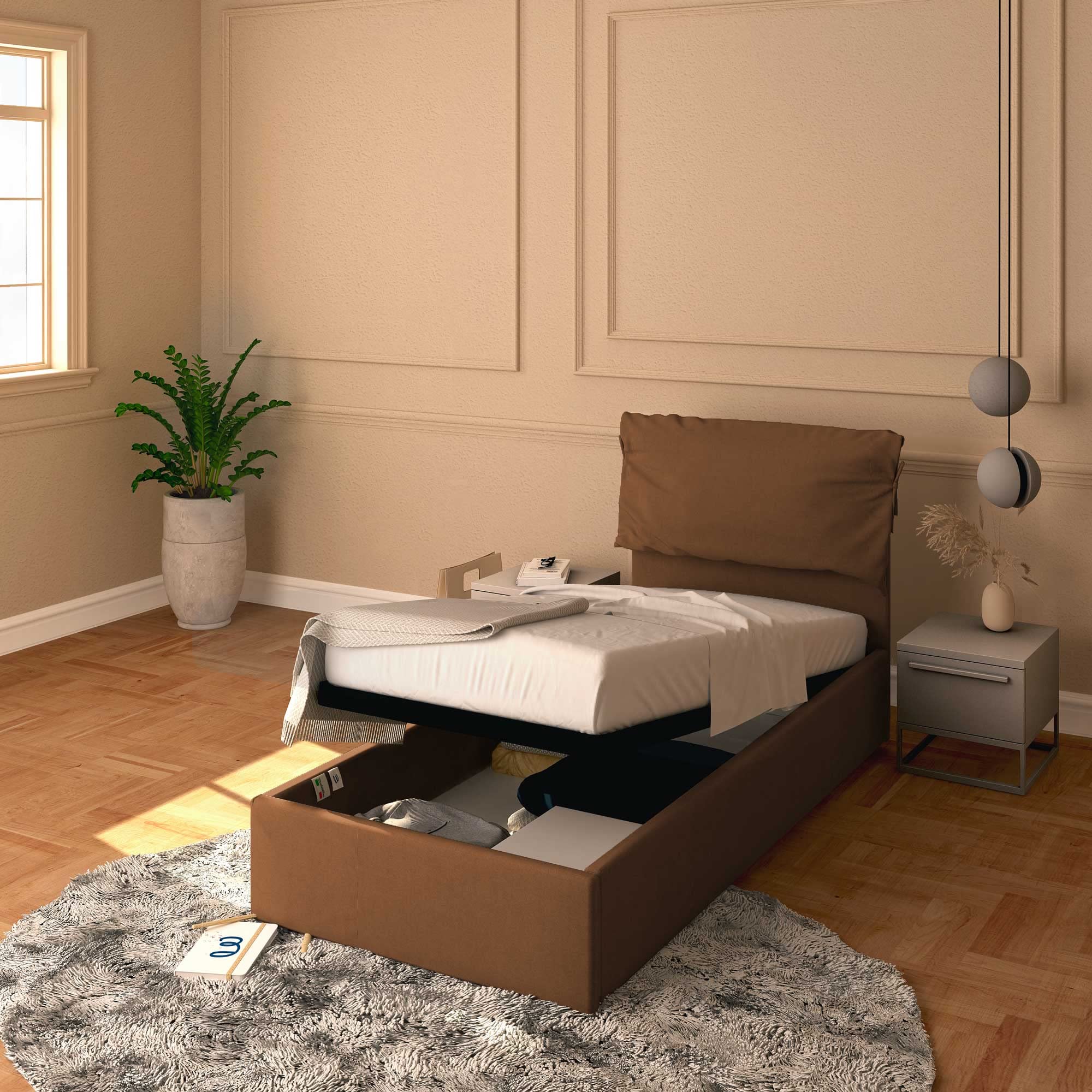Baldiflex Licia Soft Single Bed with Storage - Synthetic Leather Upholstery, Slatted Base for 90x200cm Mattress, Padded Headboard, Brown - Perfect for Small Bedrooms, Guest Rooms & Studio Apartments