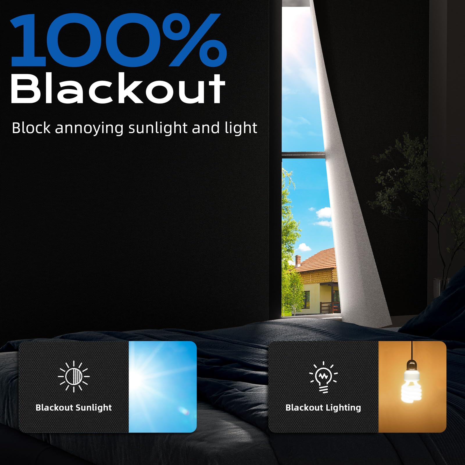 Blackout Curtains for Bedroom - 70x58 Inch Portable Blackout Window Shades with 20 Hook & Loop Strips | 100% Light Blocking for Nursery, Travel, RV & Home | Thermal Insulated Room Darkening Curtains for Better Sleep