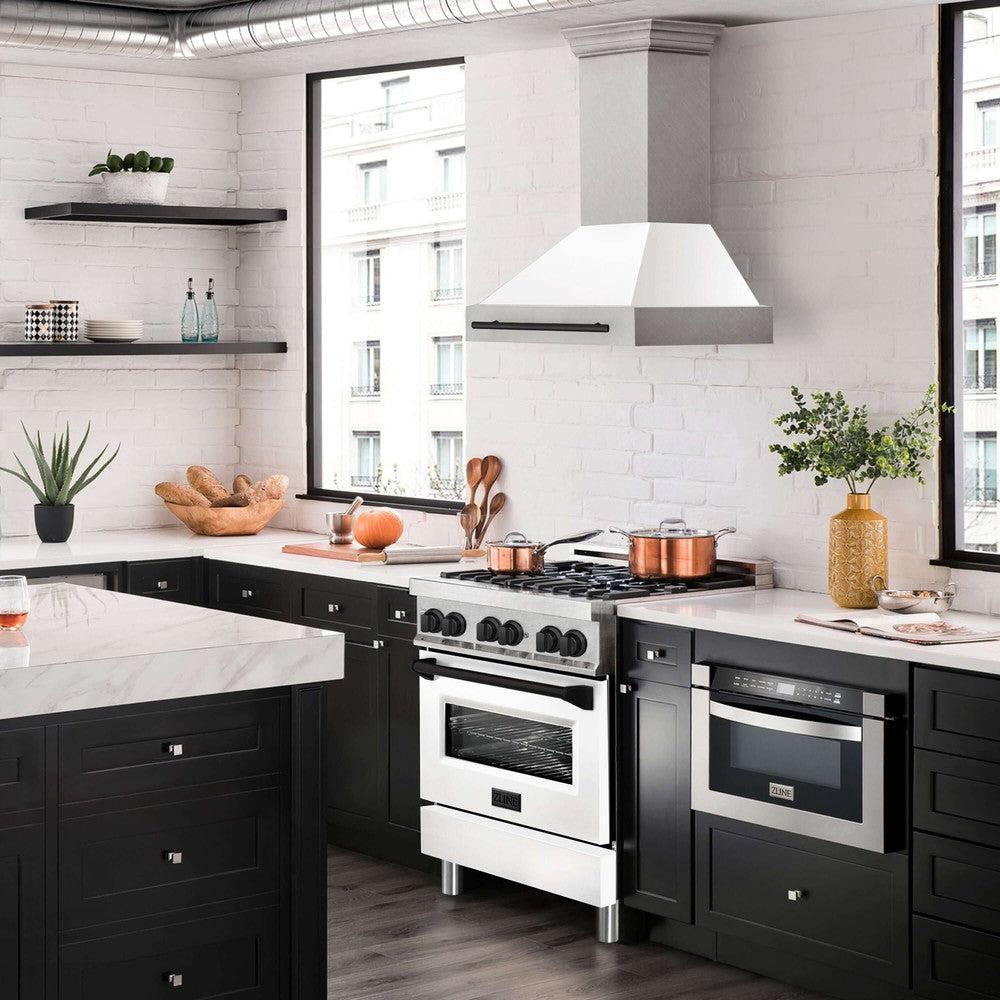 ZLINE Autograph Edition 30 Inch Stainless Steel Wall Mount Range Hood - White Matte Shell with Accent Handle (Model 8654SNZ WM30) | Professional Kitchen Ventilation for Modern Homes