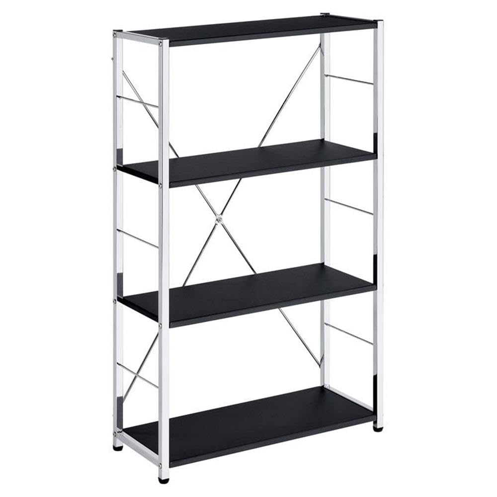 Acme Tennos 4-Tier Wooden Shelves Bookshelf with Sturdy Metal Frame in Black & Chrome - Perfect for Home Office, Living Room & Bedroom Storage