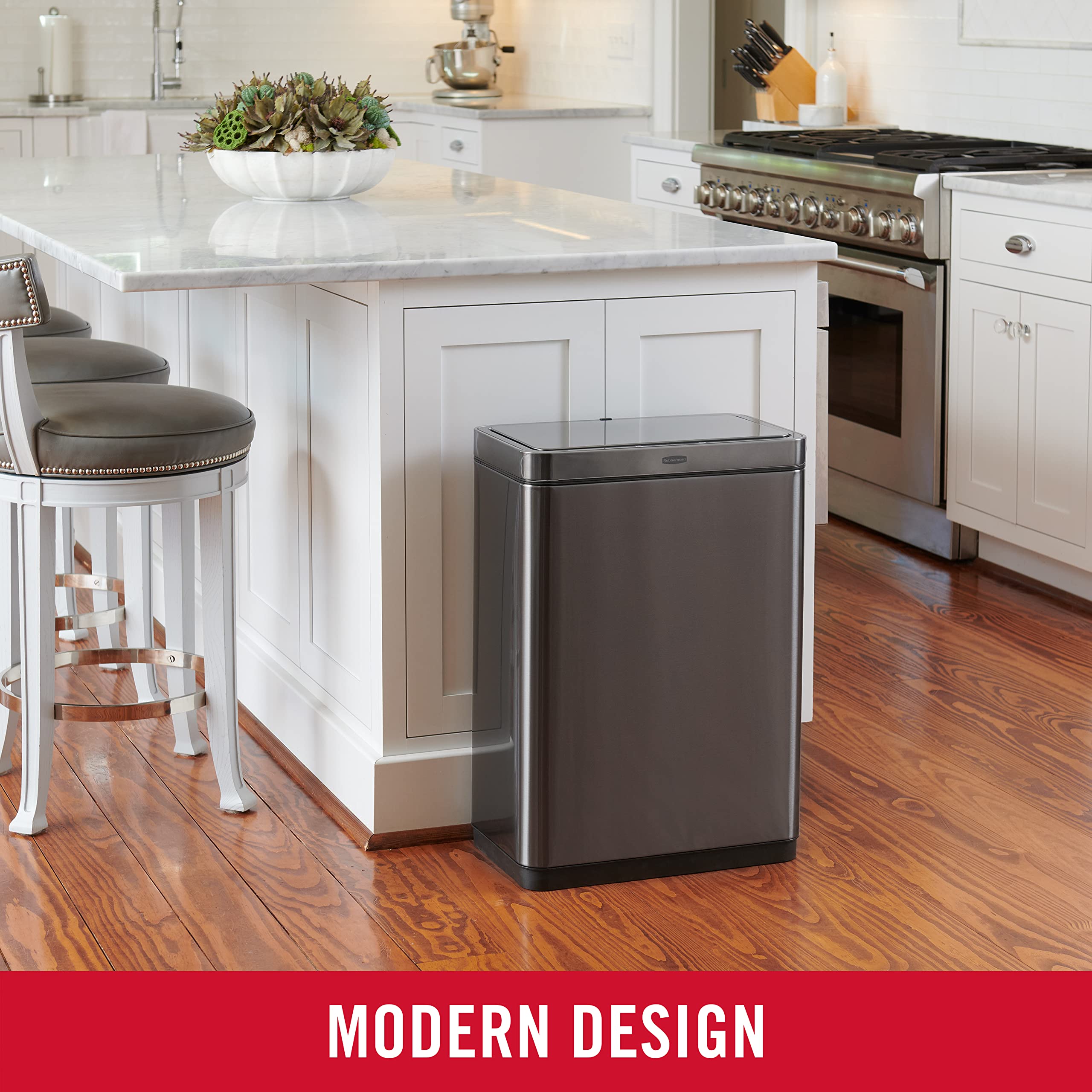 Rubbermaid Elite 12.4 Gallon Stainless Steel Sensor Trash Can with Batteries Included - Charcoal | Automatic Motion Sensor for Kitchen, Home, Office, Hotel & Lobby | Odor Control & Hands-Free Convenience