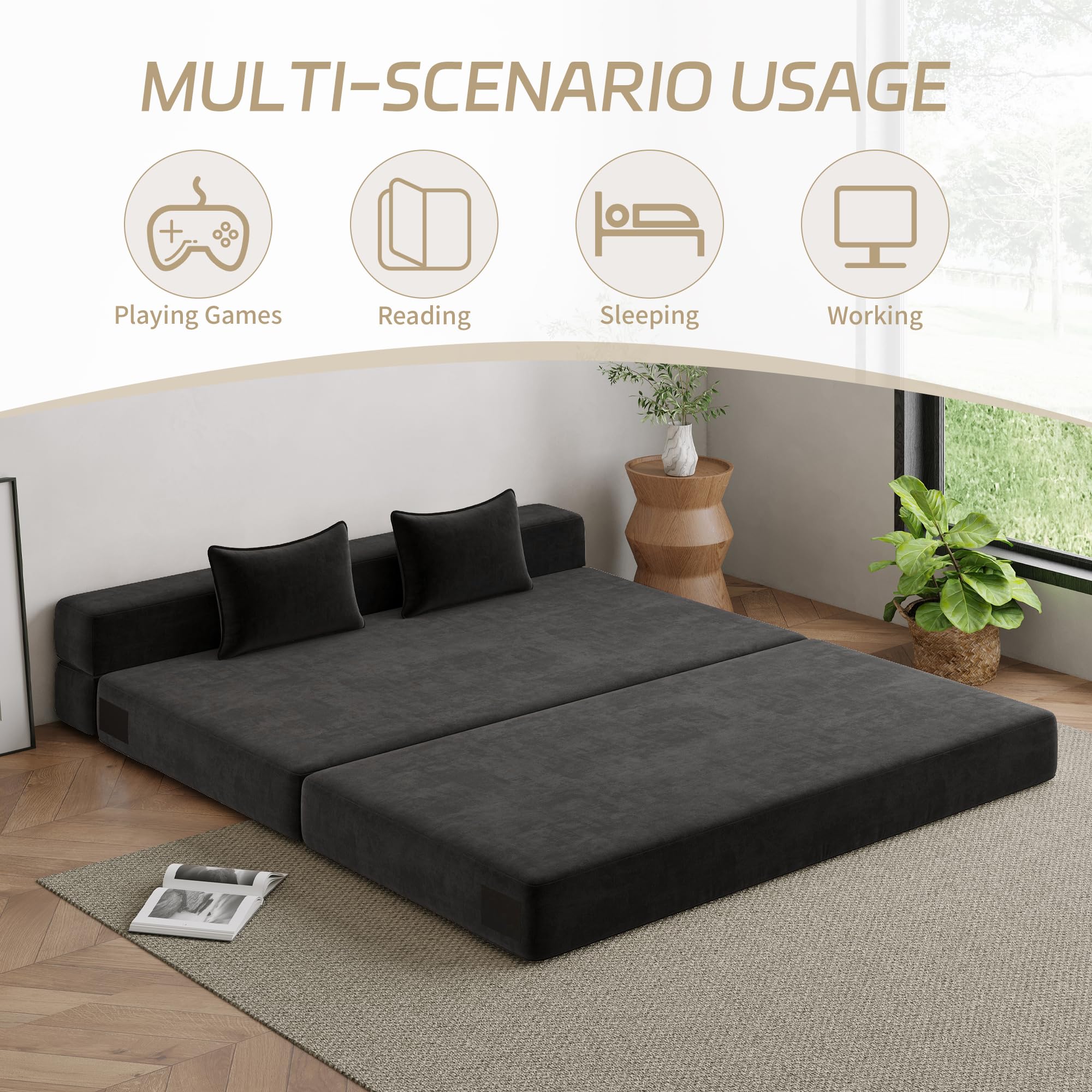 Luoxiao Queen Size Folding Sofa Bed Convertible Sleeper Chair with Pillows - Foldable Futon Floor Sofa for Living Room, Dorm, Guest Room - Washable Dark Grey Cover - Perfect for Small Spaces, Lounging & Overnight Guests