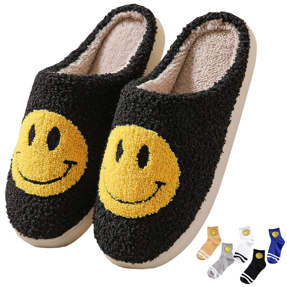 Smiley Face Slippers for Women & Men - Soft Plush Memory Foam Indoor/Outdoor Slides - Non-Slip Warm House Shoes with 5 Pairs of Socks (Black, Size 43/44 EU) - Perfect for Winter Comfort at Home, Office or Dorm