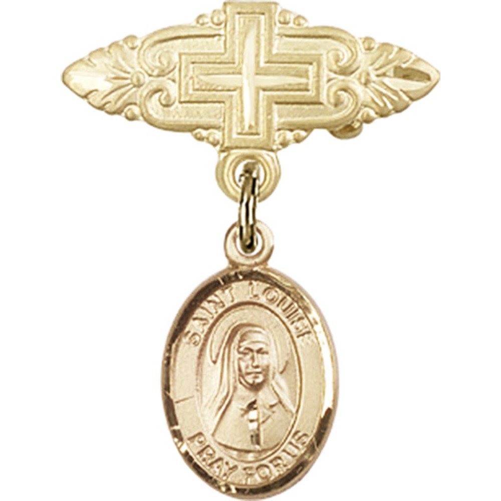 Gold Filled Baby Badge with St. Louise de Marillac Charm & Cross Pin - 1 X 3/4 Inch Religious Jewelry for Baptism, First Communion & Christening Gifts
