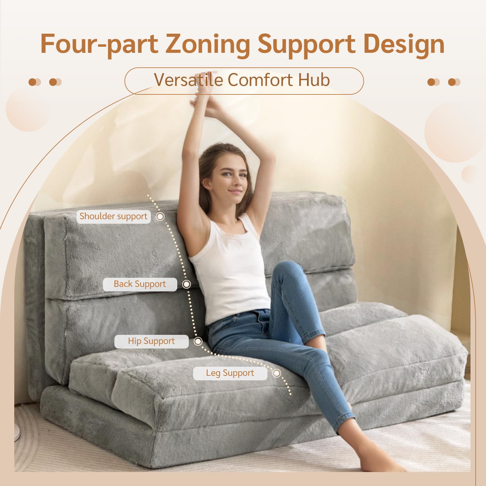 MAXYOYO Extra Wide Foldable Bean Bag Bed - Convertible Sofa to Floor Mattress for Adults, Grey - Perfect for Lounging, Guest Beds & Small Space Living