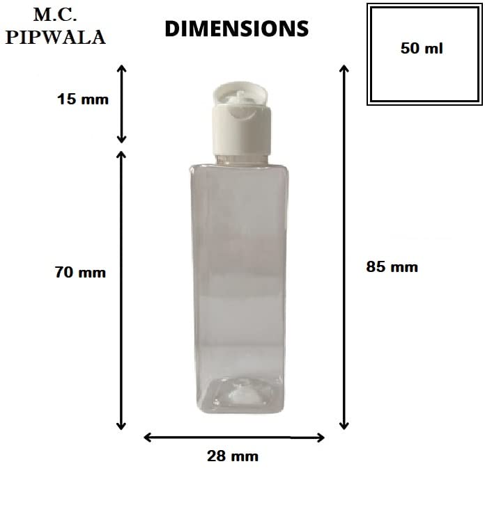 M.C. PIPWALA 50ml Clear Square Plastic Bottles with White Flip Top Cap - Leak Proof Travel Cosmetic Containers (Pack of 12) | Perfect for Toiletries, DIY Beauty Products & Travel Essentials