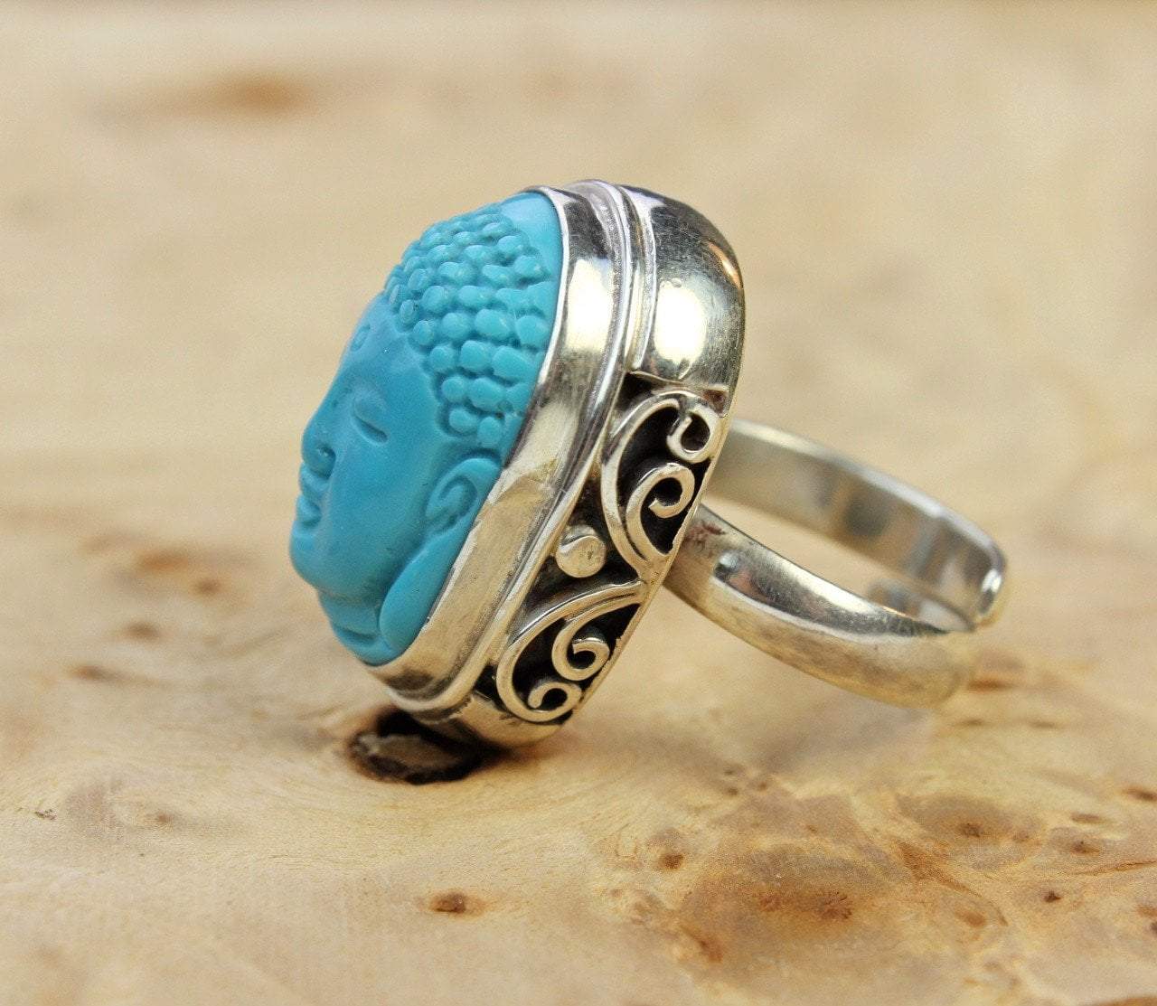 Hand Carved Turquoise Buddha Ring - Genuine Stone Spiritual Jewelry for Meditation, Yoga & Positive Energy - Perfect for Gifts, Healing & Mindful Living